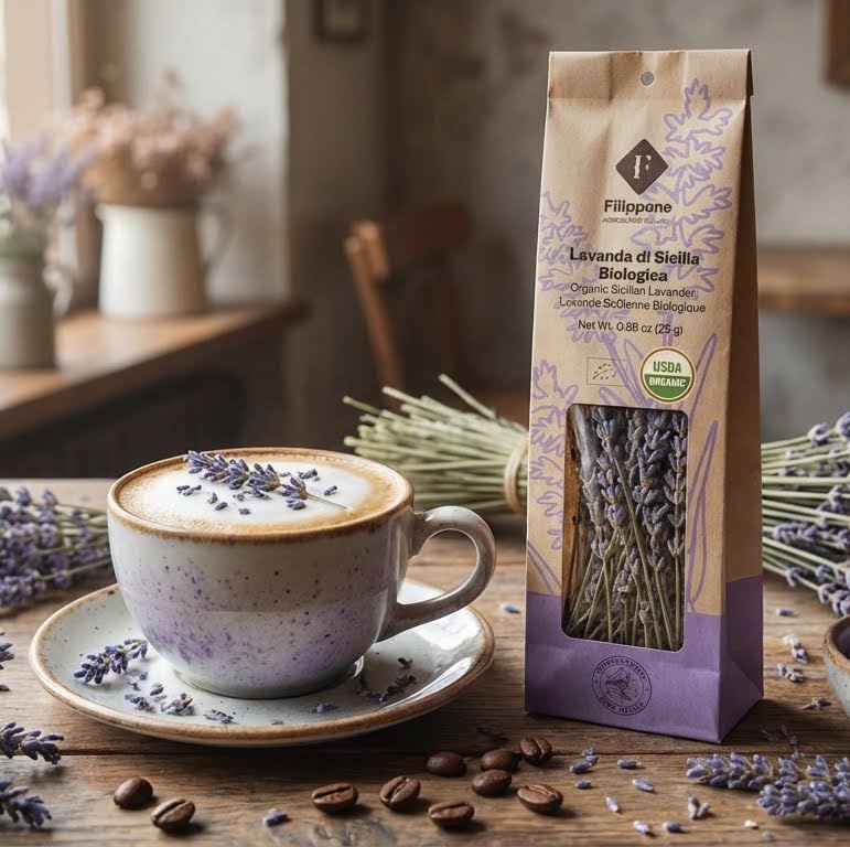 Filippone Sicilian lavender branches closeup, fragrant for culinary use.