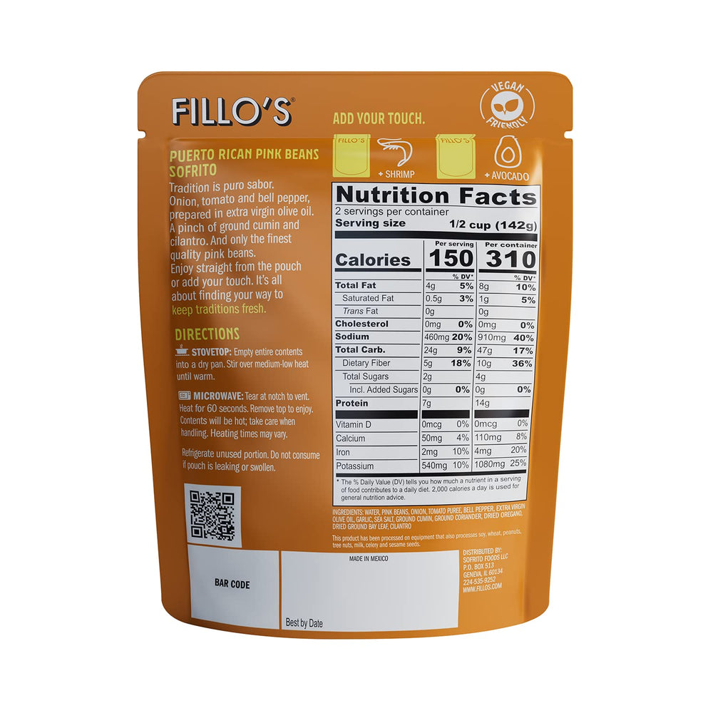 Close-up of Fillo's beans and sofrito ingredients label.