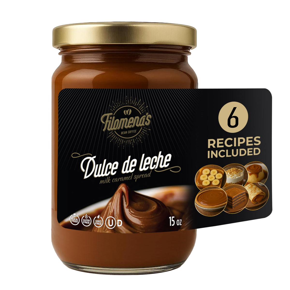 Filomena's Dulce de Leche jar close-up, creamy texture ideal for spreading.