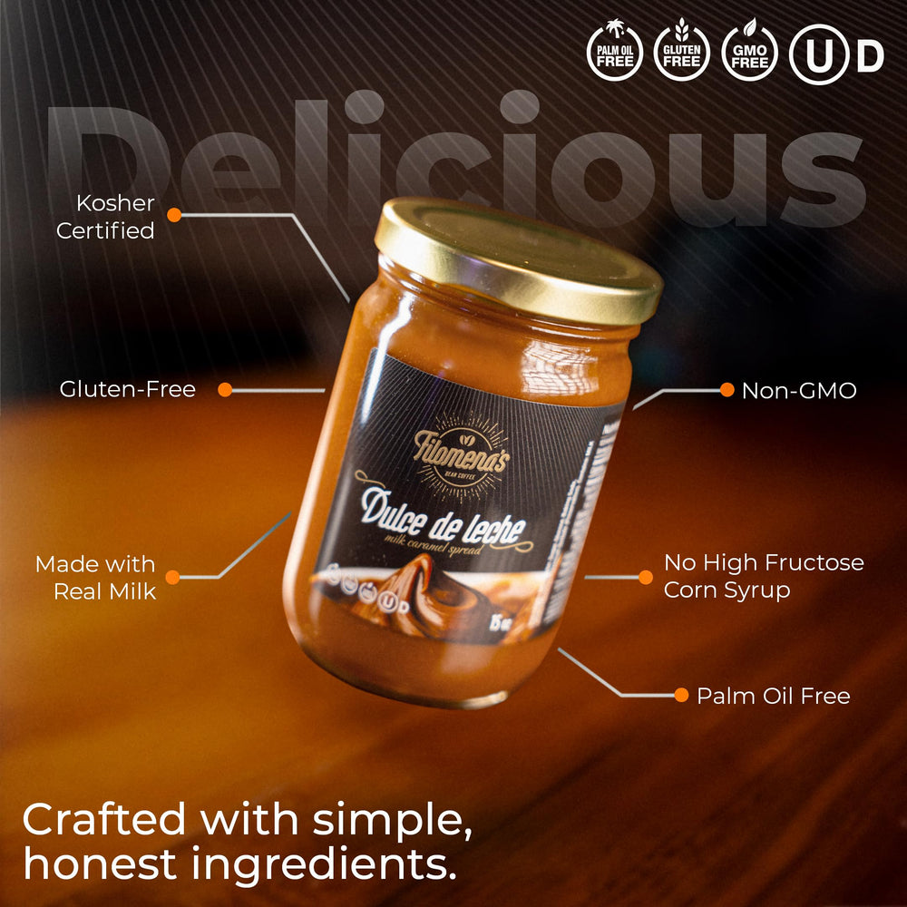 Filomena's Dulce de Leche label close-up showing Kosher and GMO-free notes.