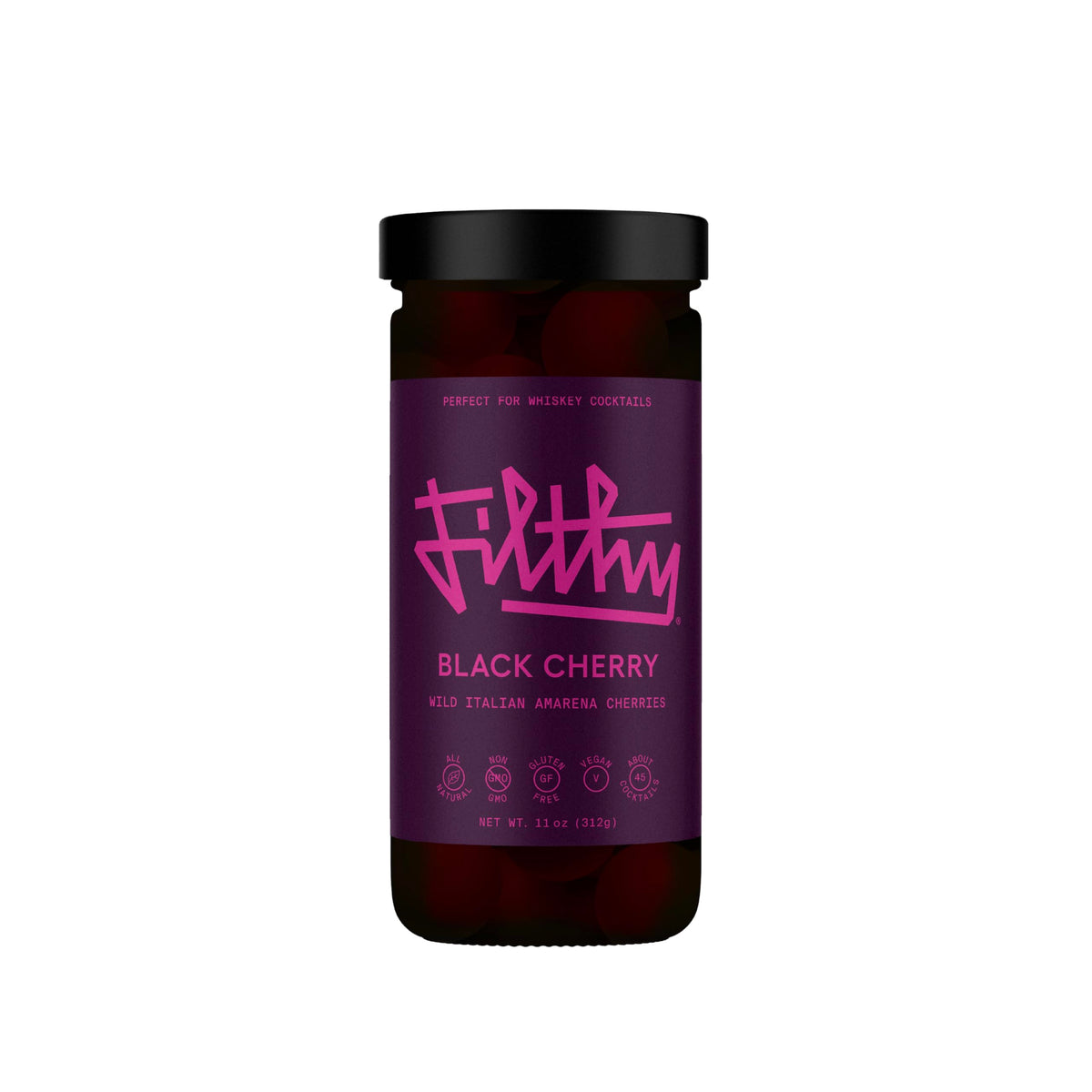 Filthy Food Amarena black cherries jar, premium garnish for refined cocktails and easy bar prep.