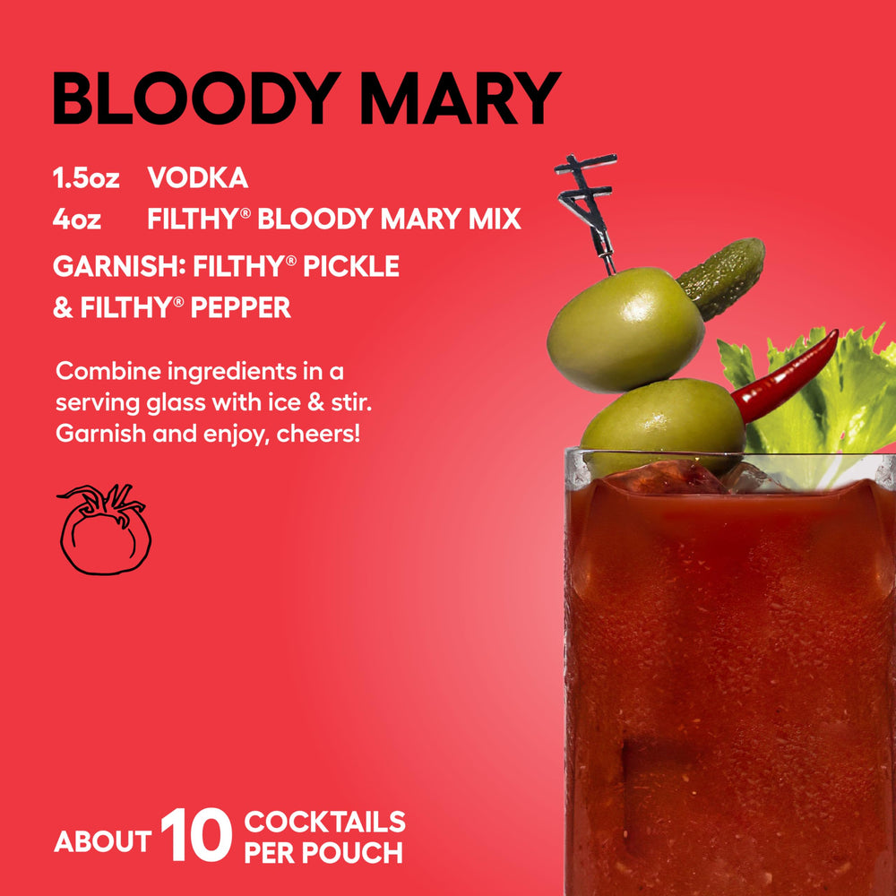 Filthy Bloody Mary Mix displayed on a bar setup for professional vibes.