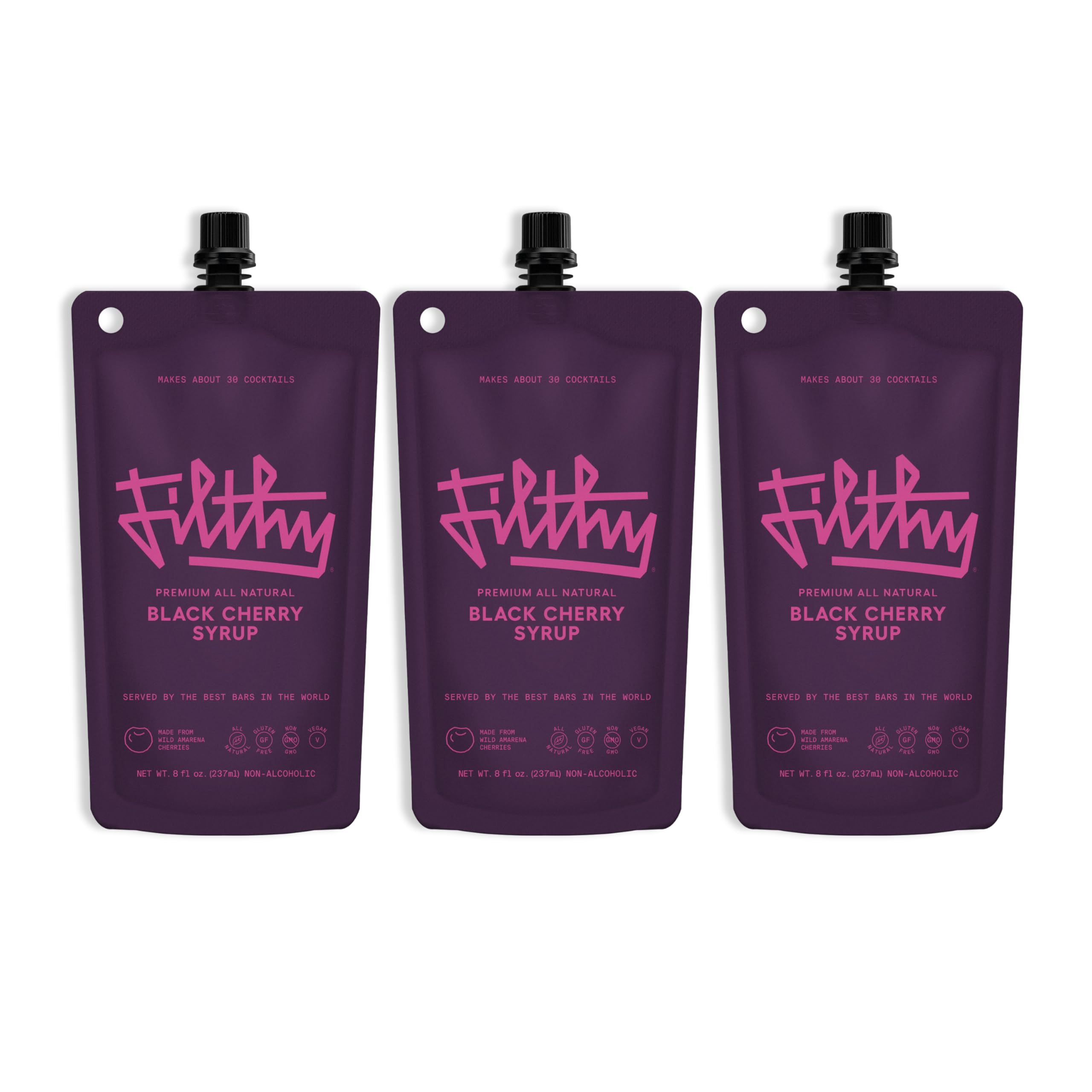 Filthy Food Black Cherry Syrup bottle front, showcasing premium amareno cherries for cocktails