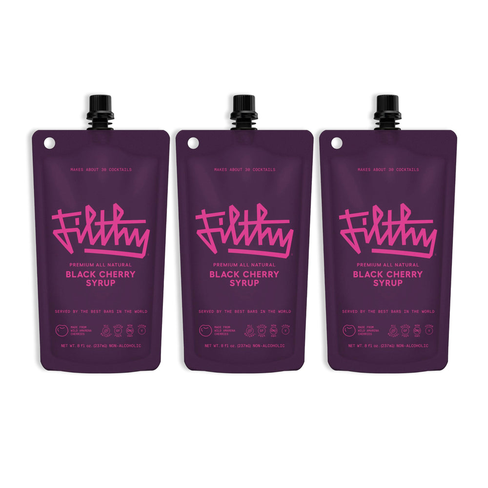 Filthy Food Black Cherry Syrup bottle front, showcasing premium amareno cherries for cocktails