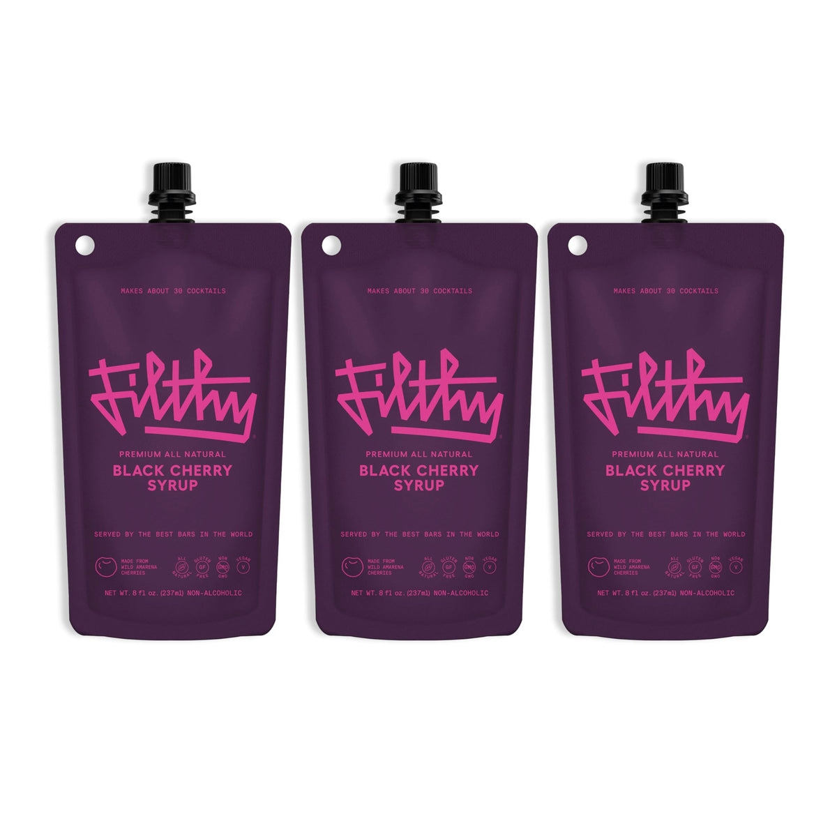 Filthy Food Black Cherry Syrup bottle front, showcasing premium amareno cherries for cocktails