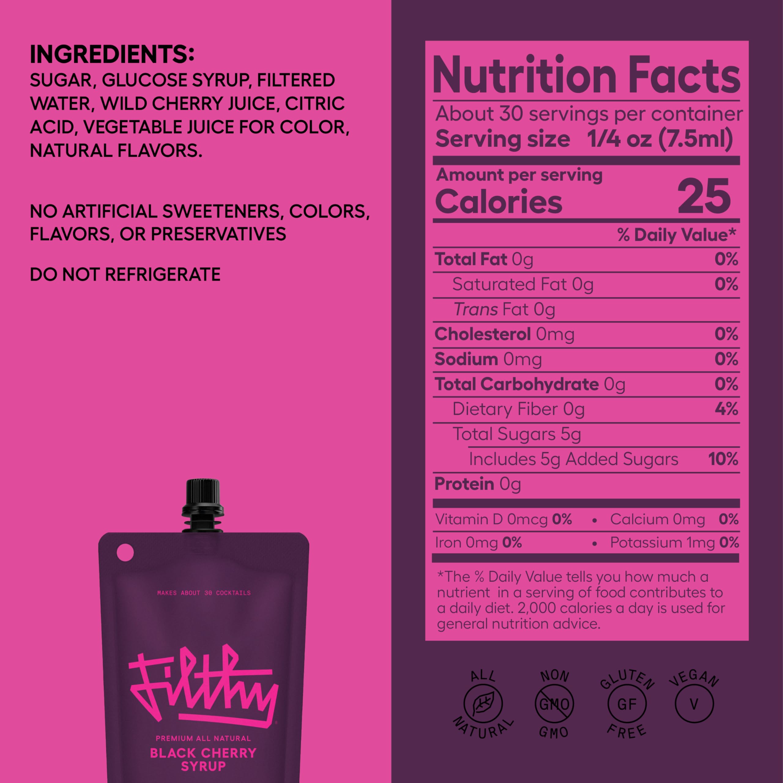 Filthy Food Black Cherry Syrup bottle pour, highlighting balanced sweetness for mixing