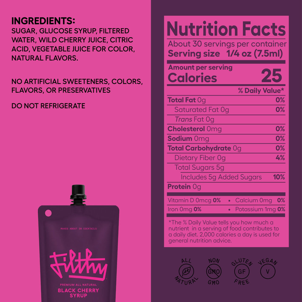 Filthy Food Black Cherry Syrup bottle pour, highlighting balanced sweetness for mixing