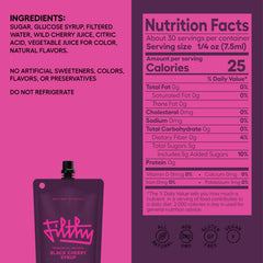 Filthy Food Black Cherry Syrup bottle pour, highlighting balanced sweetness for mixing