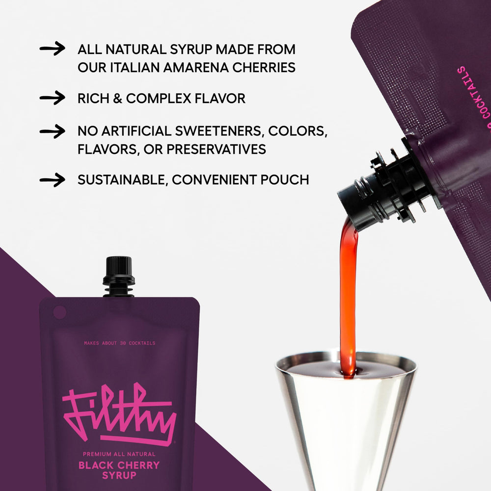 Filthy Food Black Cherry Syrup label closeup, emphasizing all-natural Amarena cherries