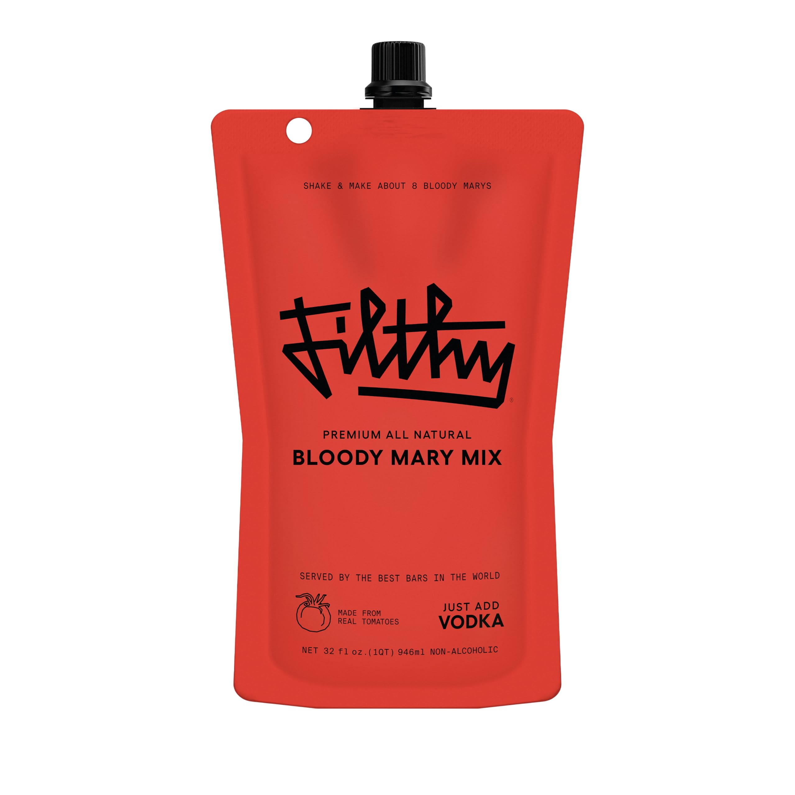 Filthy Food Bloody Mary Mix pouch on a bar counter, ready for restaurant-quality cocktails at home.