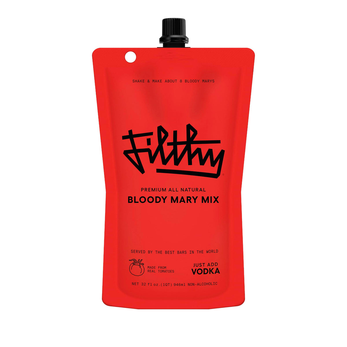 Filthy Food Bloody Mary Mix pouch on a bar counter, ready for restaurant-quality cocktails at home.