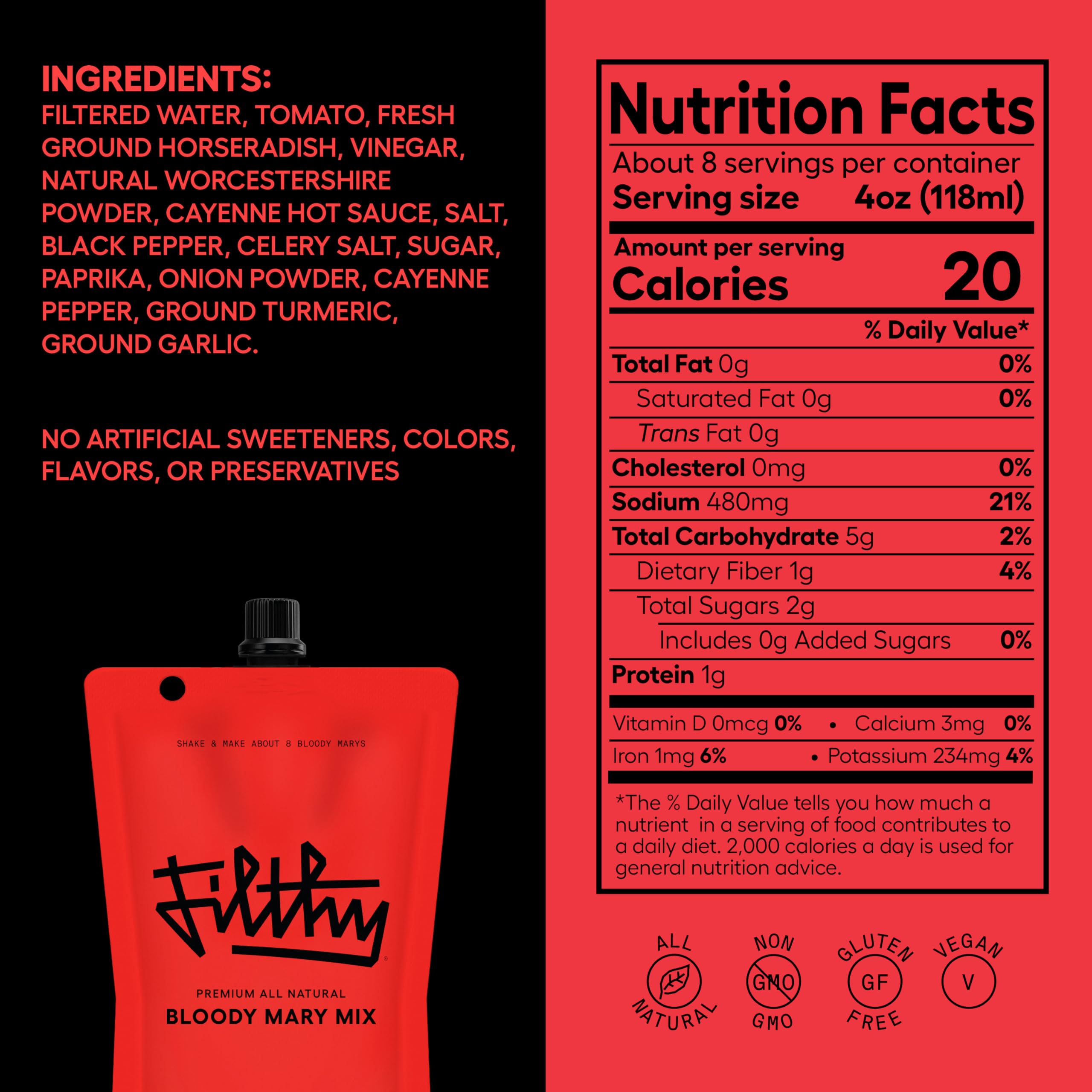 Filthy Food Bloody Mary Mix being poured into a glass to show fresh flavor.