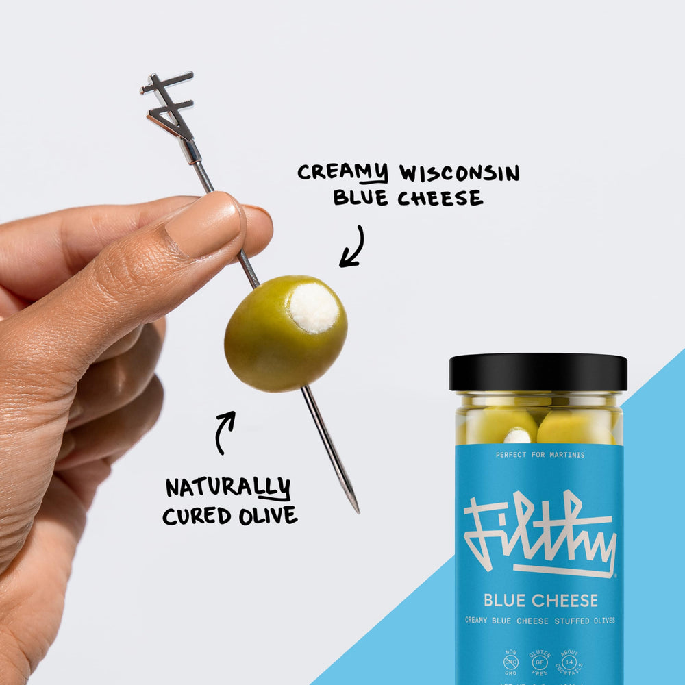 Filthy Food blue cheese olives as Bloody Mary garnish