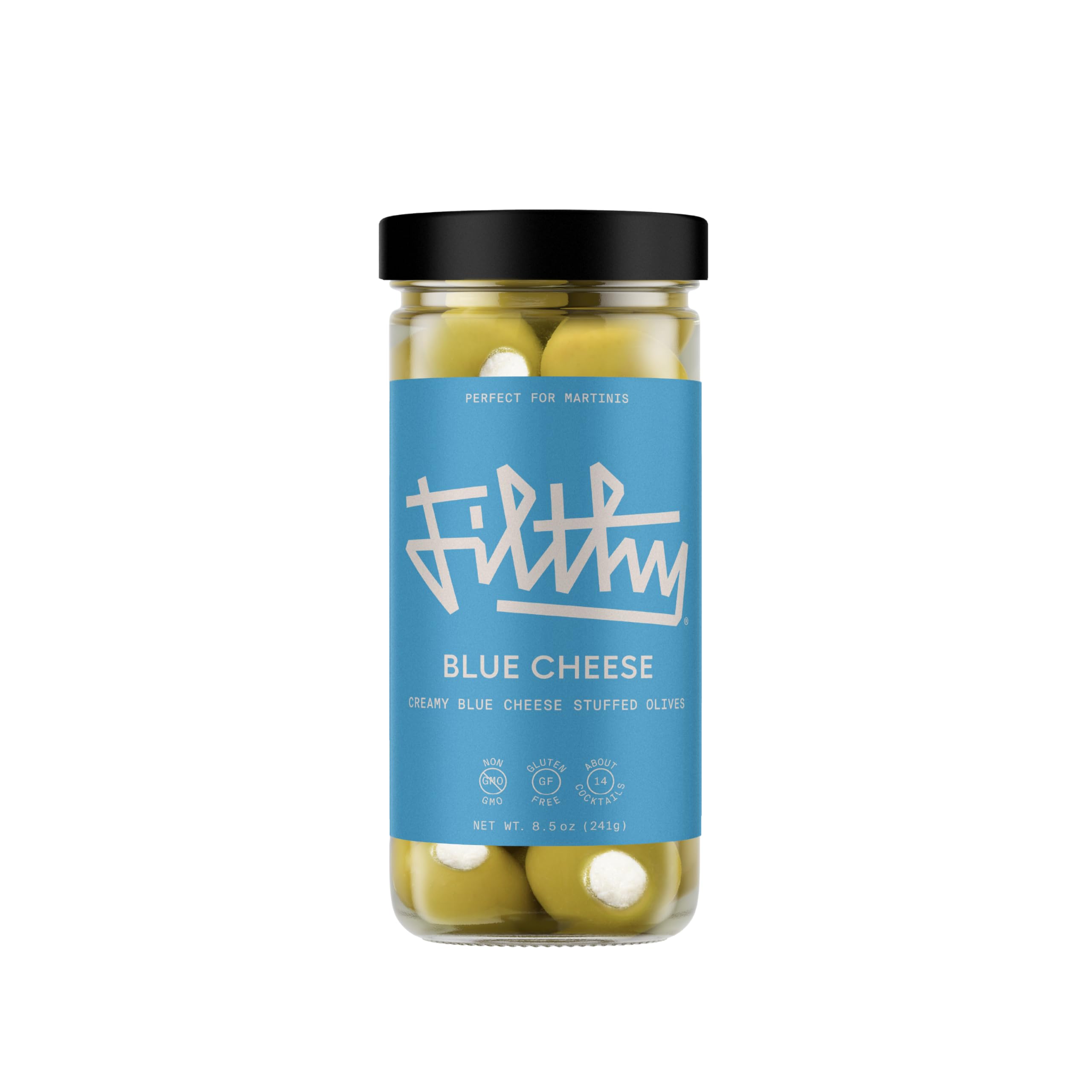 Filthy Food blue cheese stuffed olives in jar for premium cocktail garnish