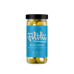 Filthy Food blue cheese stuffed olives in jar for premium cocktail garnish