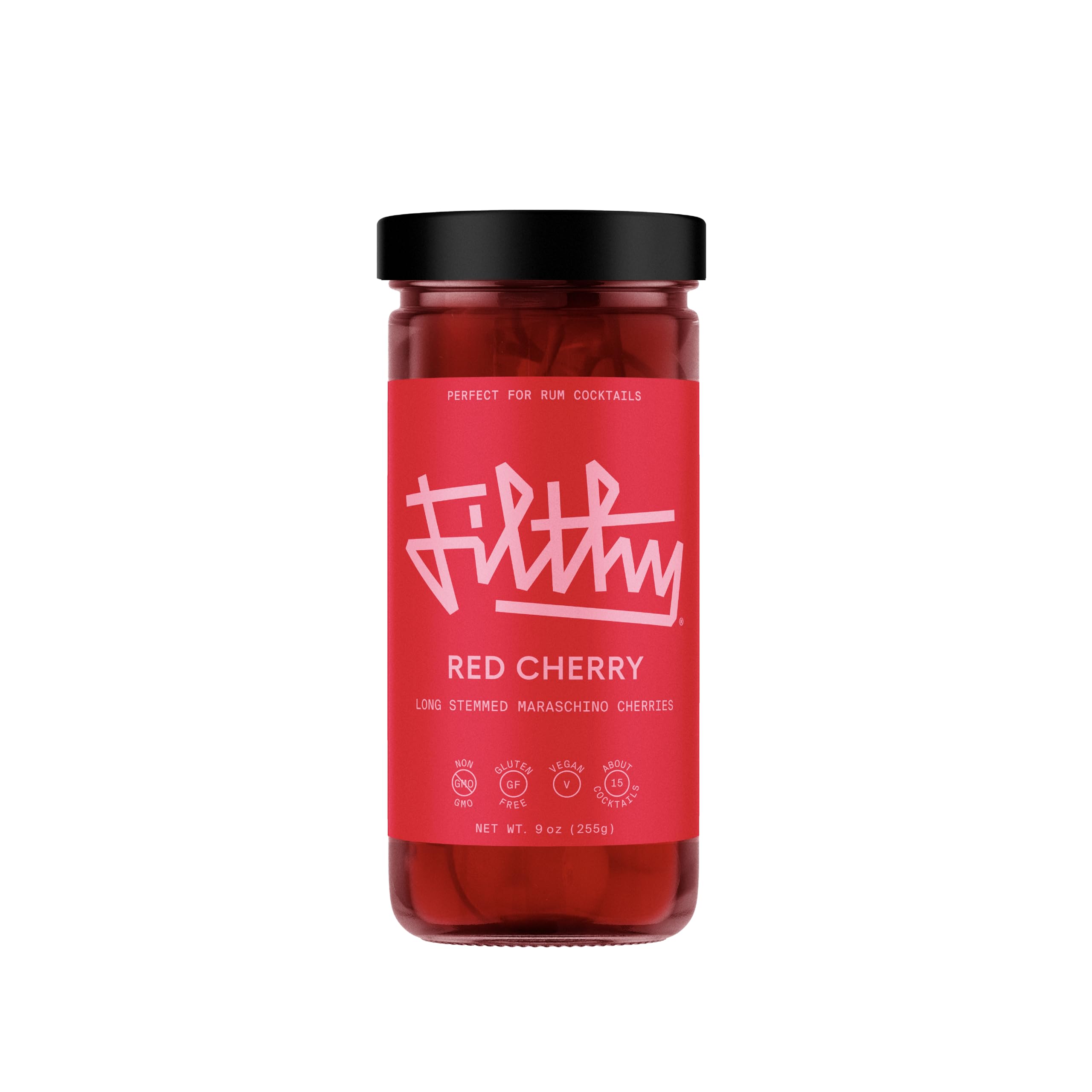 Filthy Red Maraschino Cherries with long stems for elegant cocktails