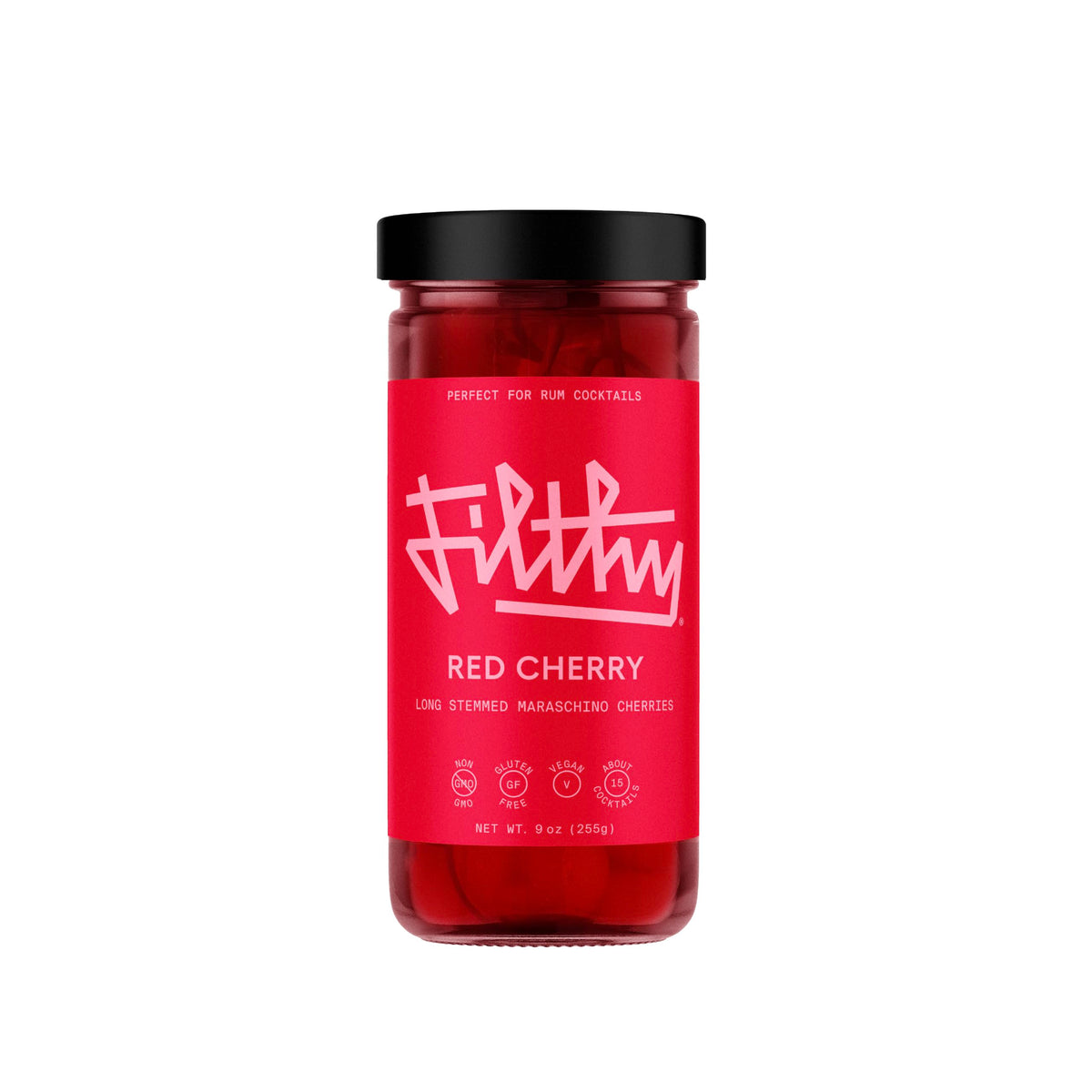 Filthy Red Maraschino Cherries with long stems for elegant cocktails