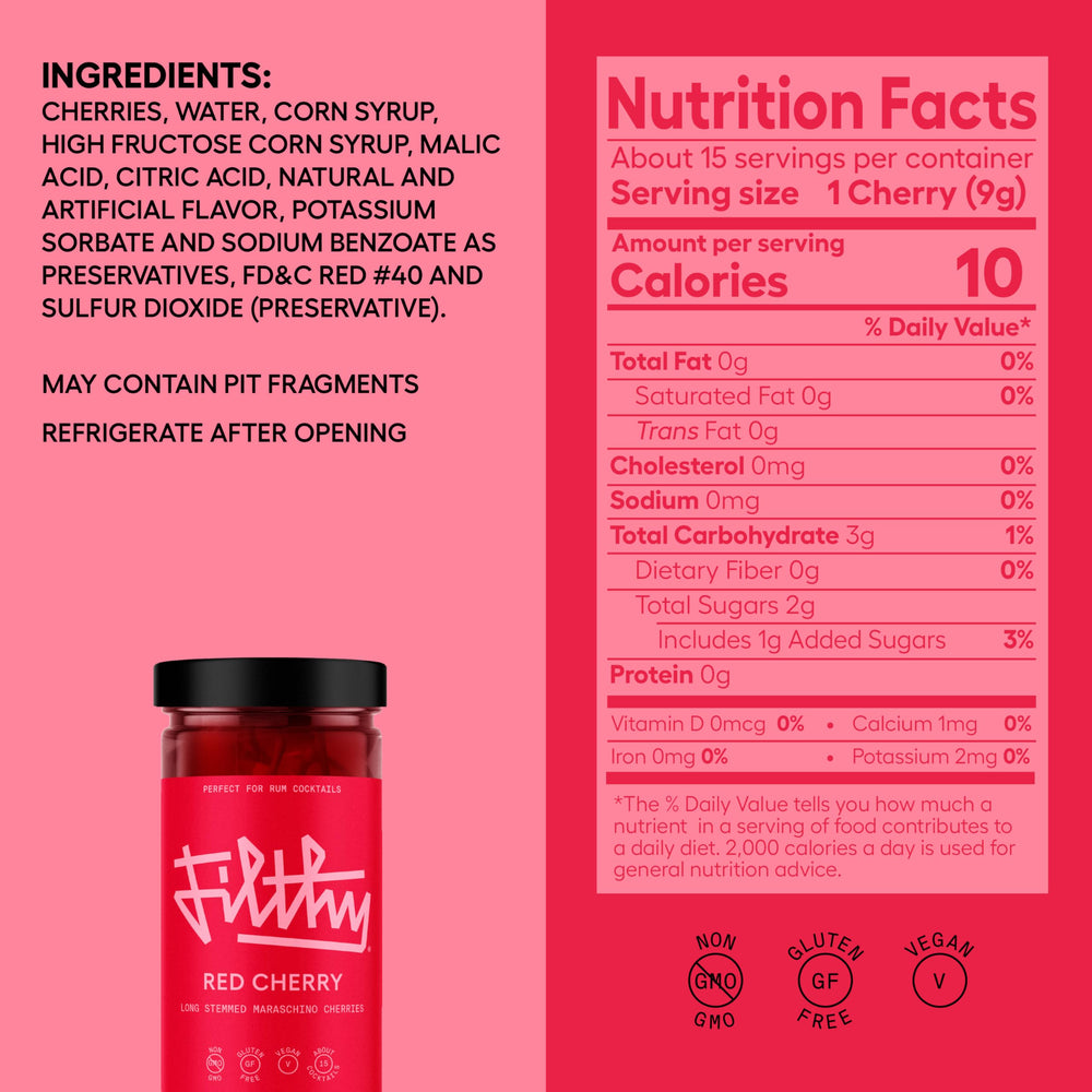 Filthy Red Maraschino Cherries in syrup boost cocktail flavor