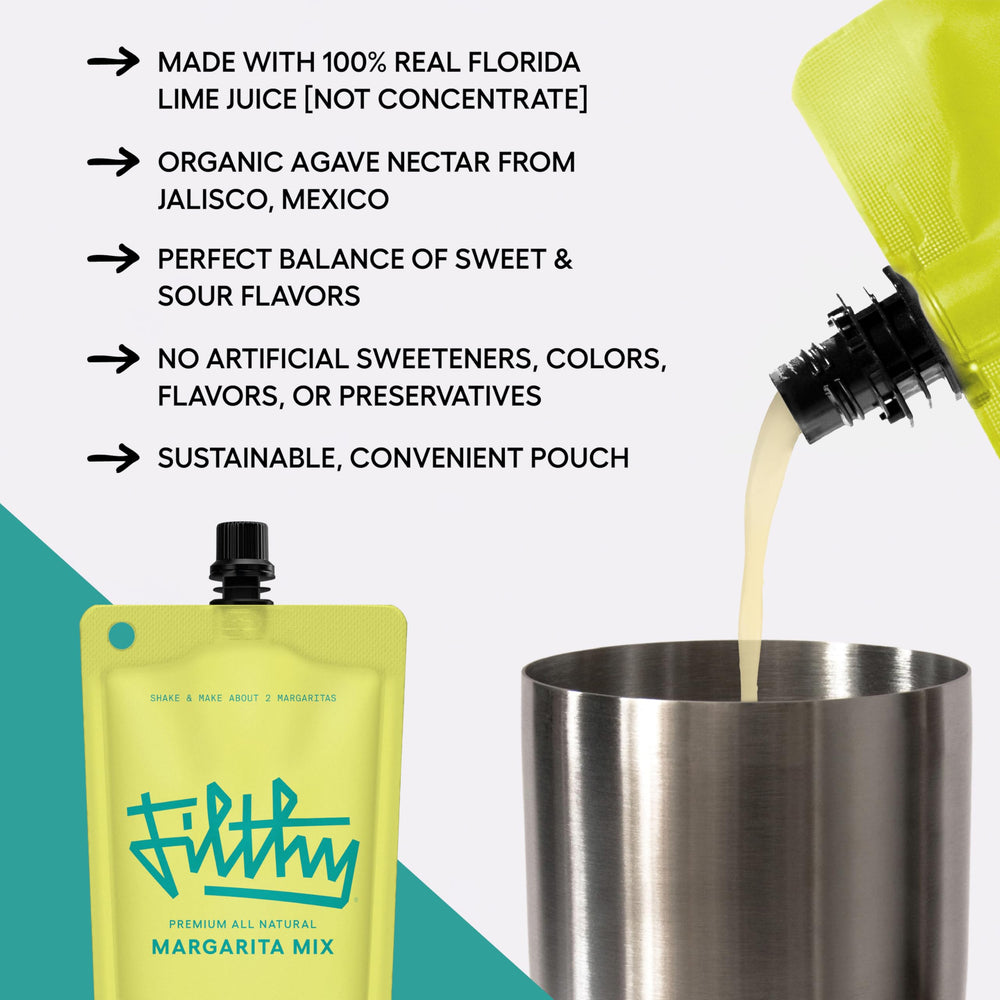 Filthy Food Margarita Mix 8oz pouch highlights portable convenience for travel and events.