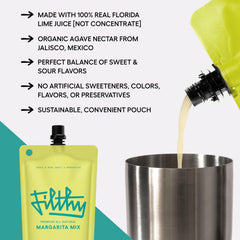 Filthy Food Margarita Mix 8oz pouch highlights portable convenience for travel and events.