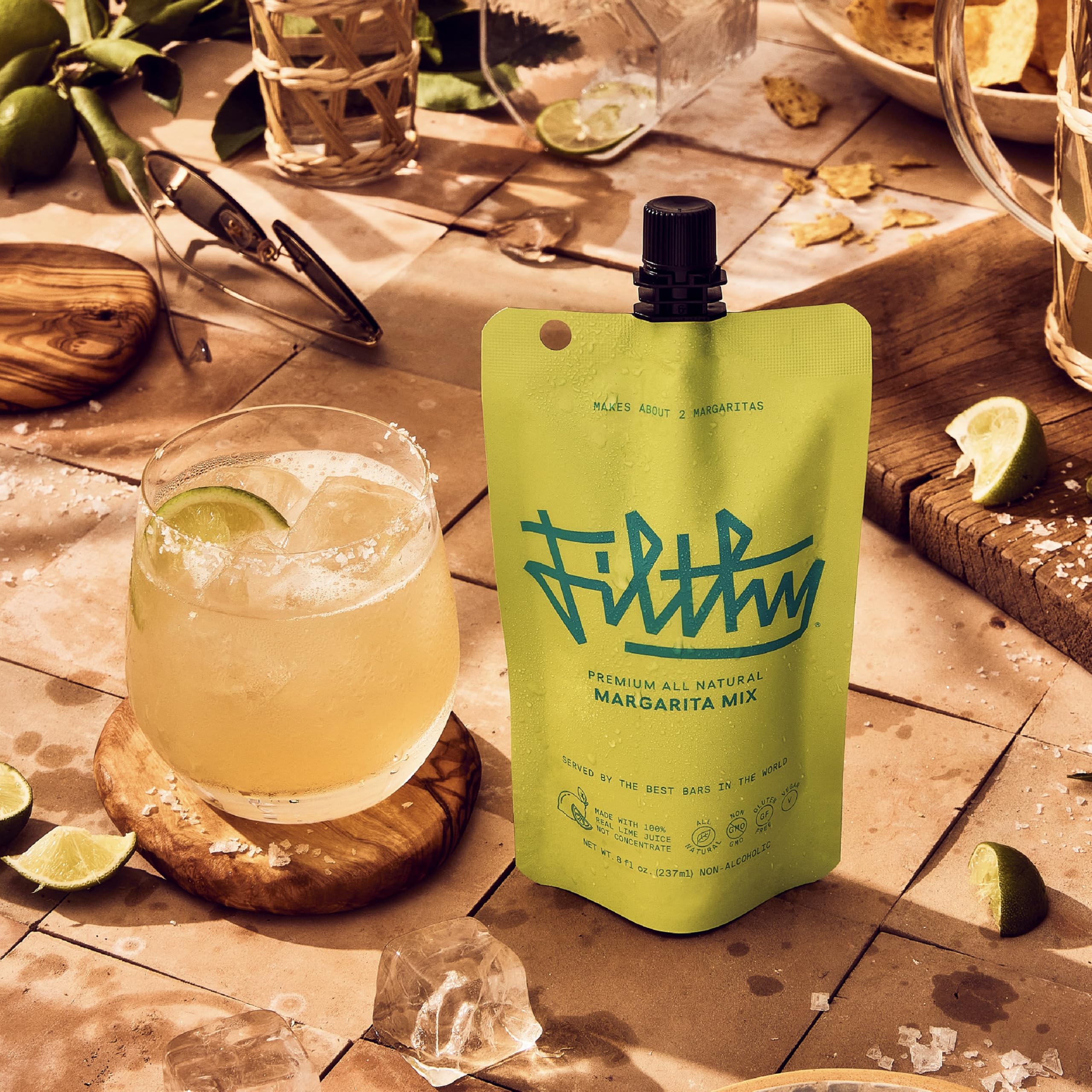 Filthy Food Margarita Mix bar-cart setup ready for entertaining with quick cocktails.