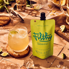 Filthy Food Margarita Mix bar-cart setup ready for entertaining with quick cocktails.
