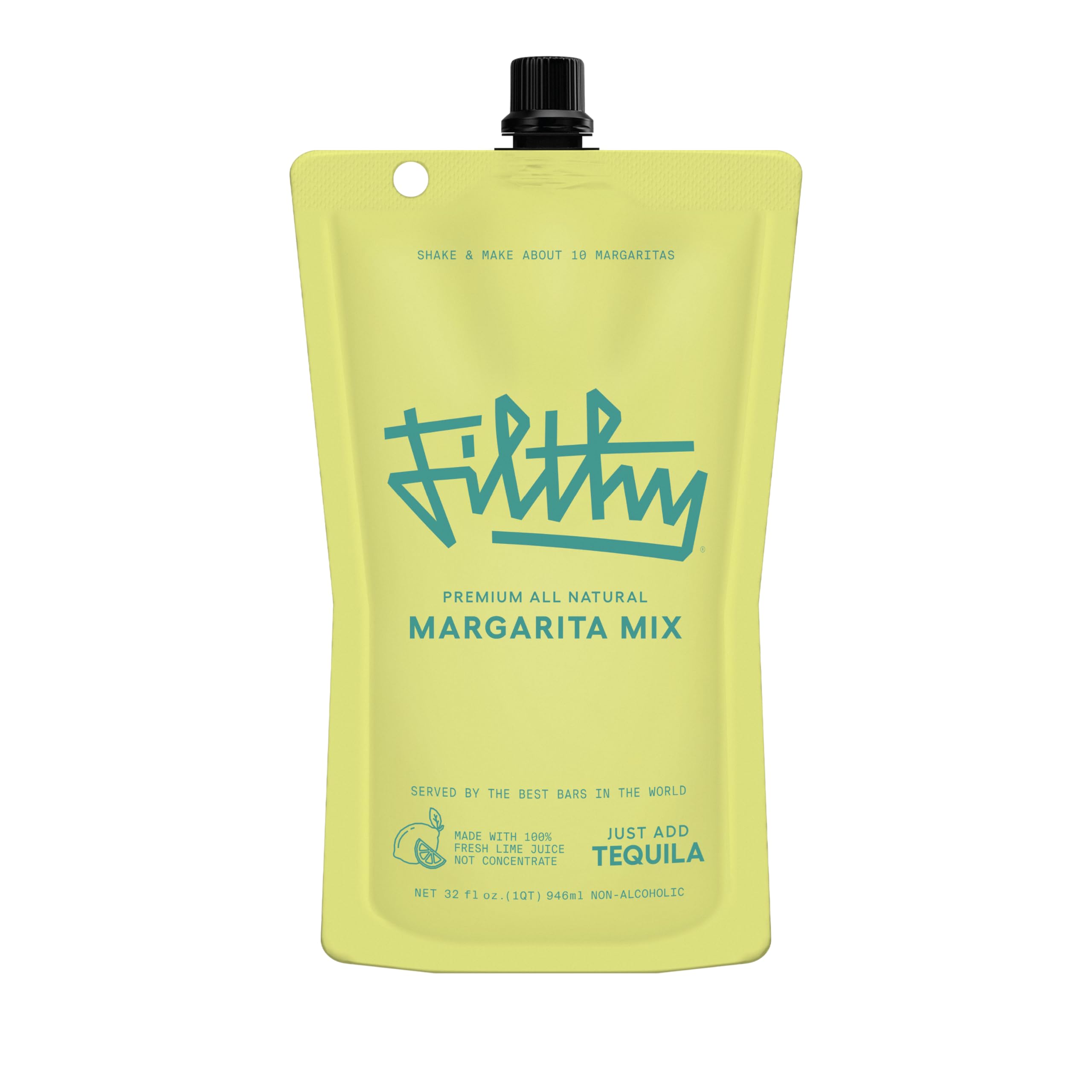 Filthy Food Margarita Mix pouch front, premium all-natural cocktail base for home bars.
