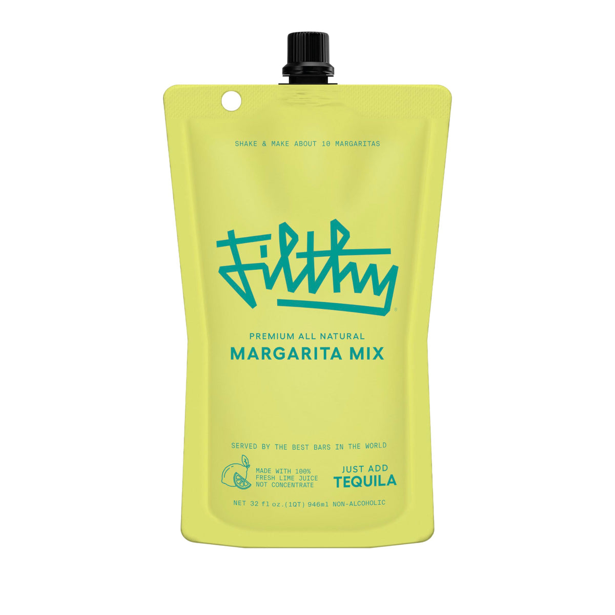 Filthy Food Margarita Mix pouch front, premium all-natural cocktail base for home bars.