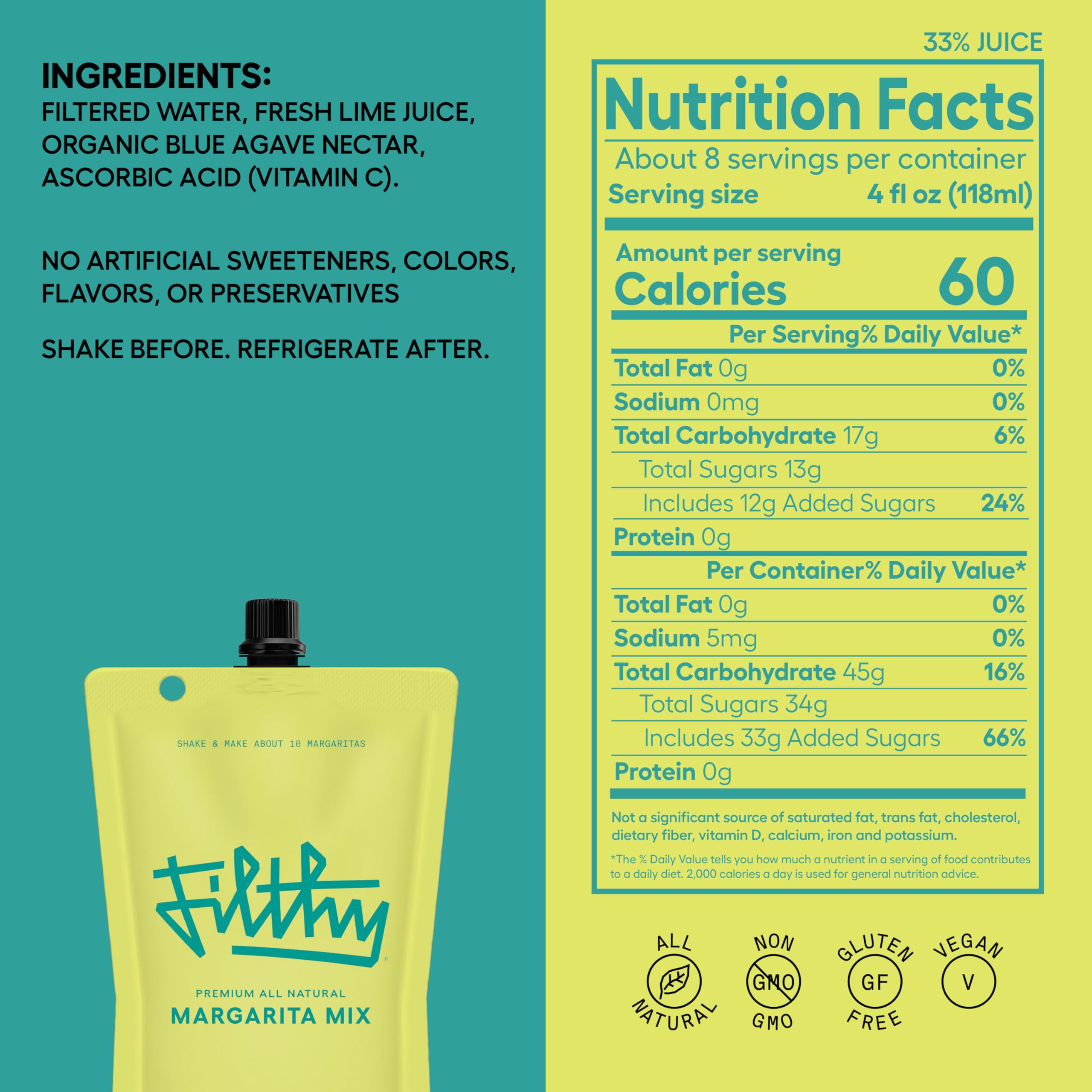 Filthy Food Margarita Mix pouch showing convenient 32 oz packaging