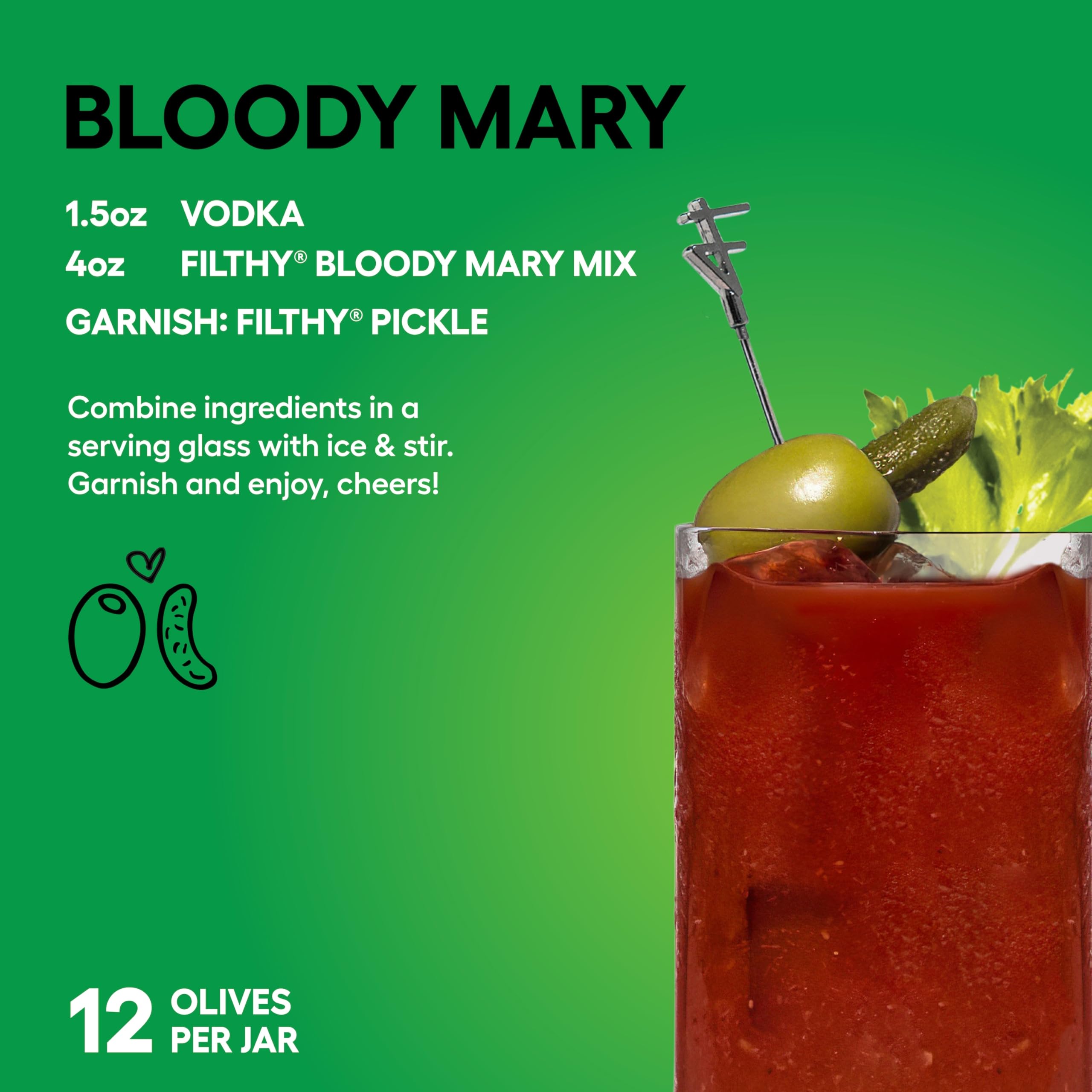 Filthy Food martini-ready olives for briny depth and flavor.