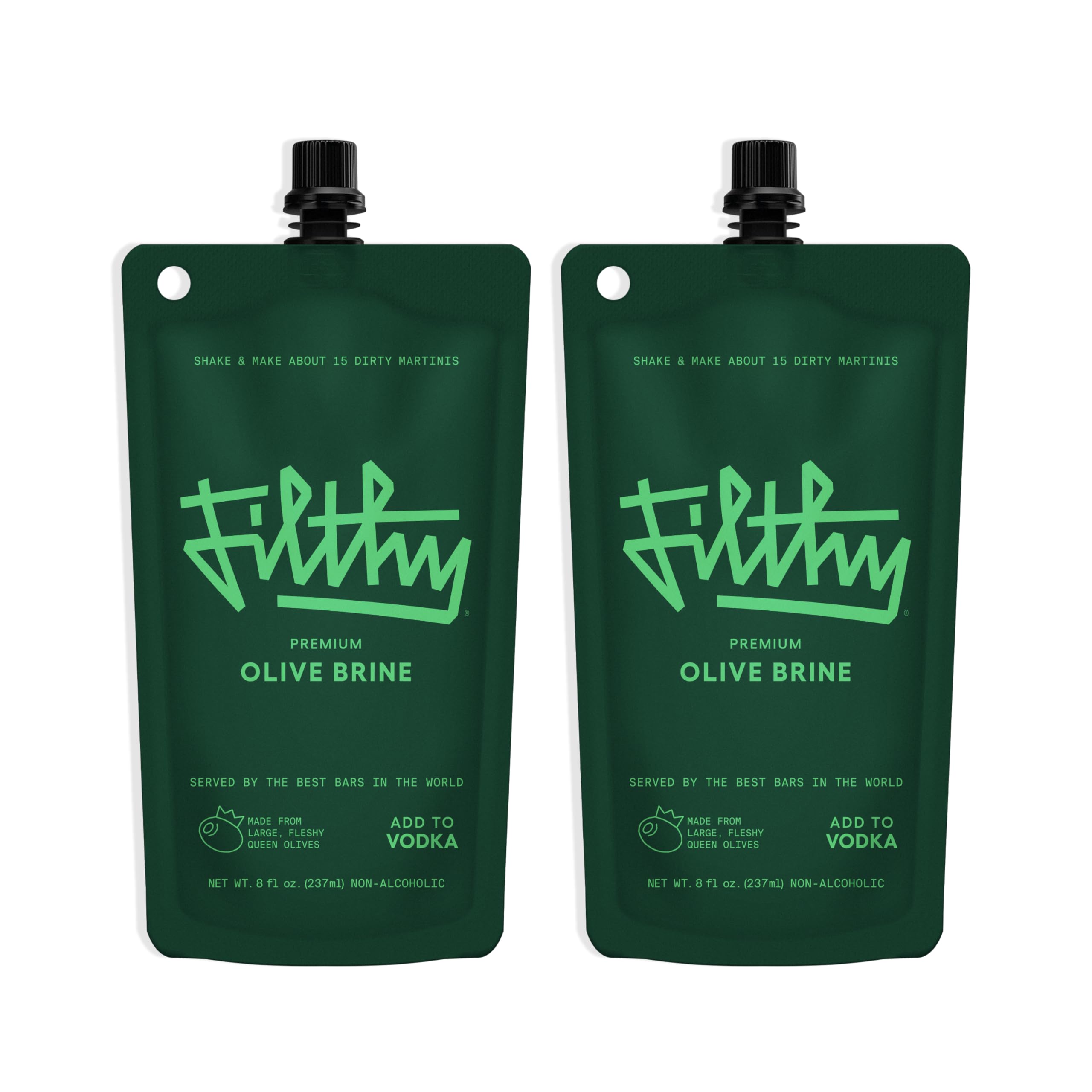Filthy Food olive brine bottle pour showing bar-quality martini base