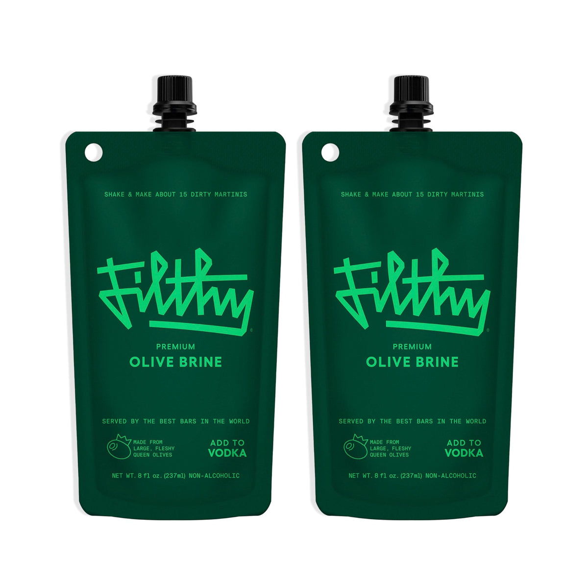 Filthy Food olive brine bottle pour showing bar-quality martini base