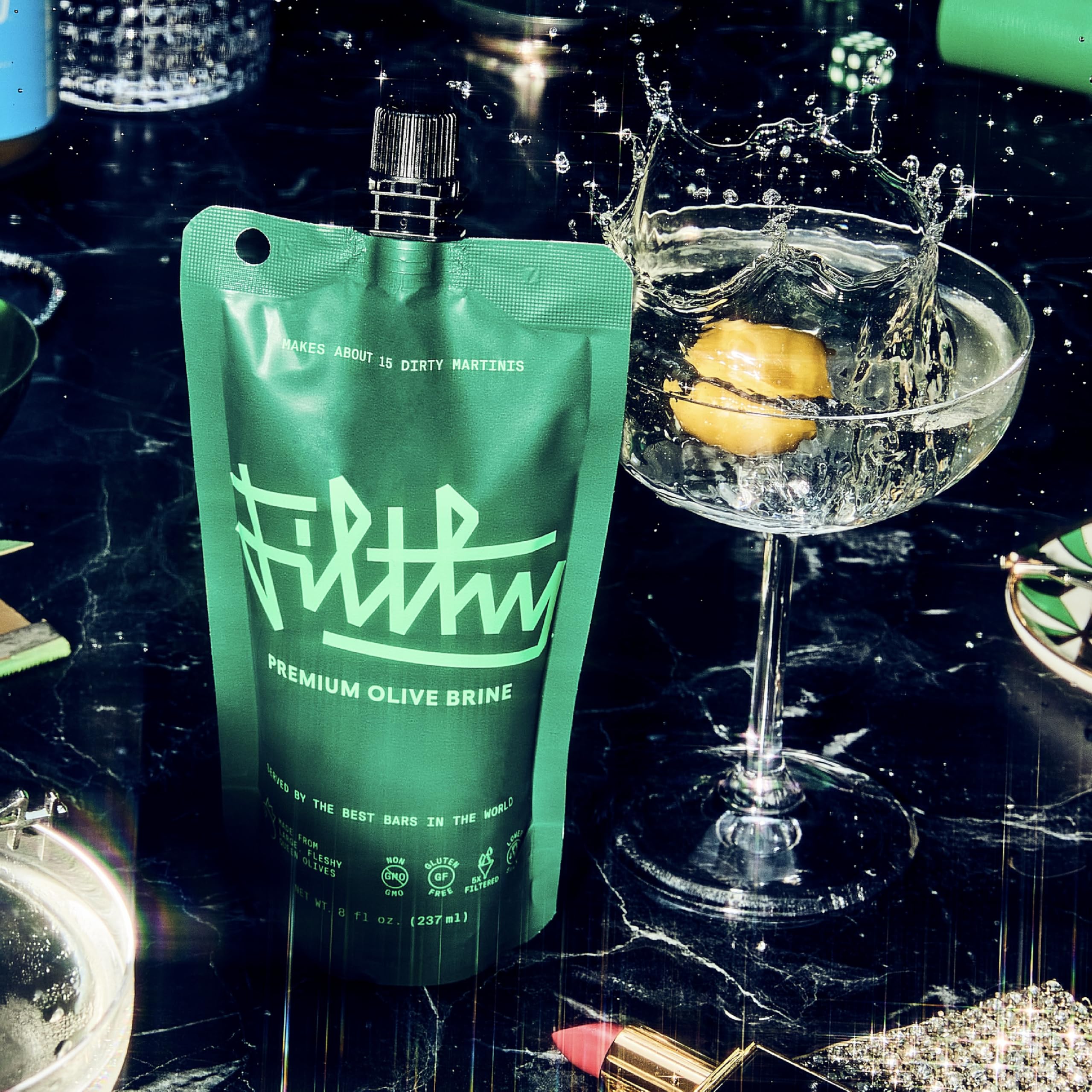 Filthy Food olive brine packaging pouch emphasizing resealability