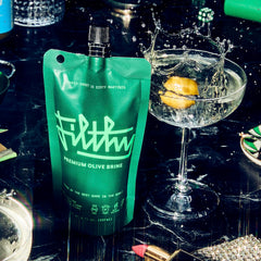 Filthy Food olive brine packaging pouch emphasizing resealability