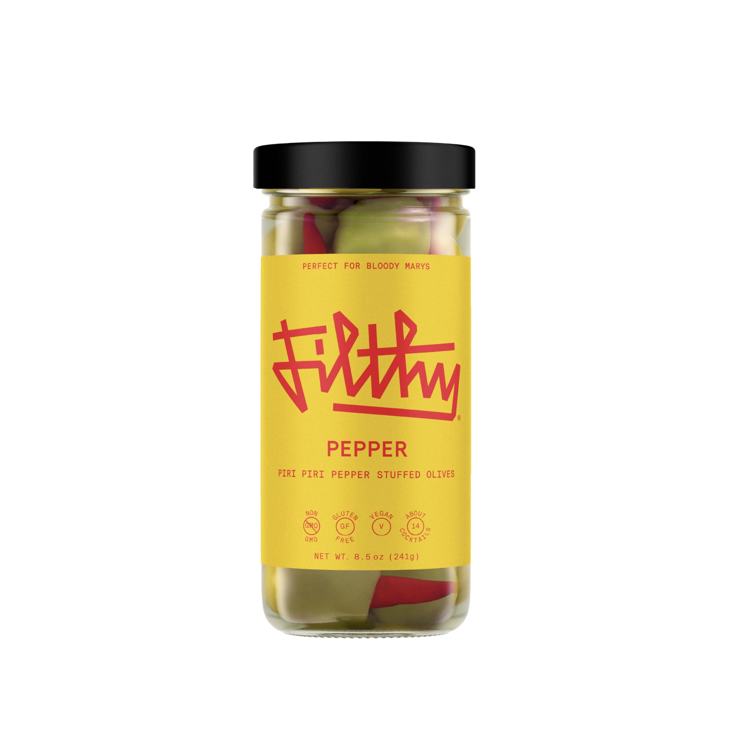 Filthy Food pepper stuffed olives jar close-up, bold cocktail garnish for home bars