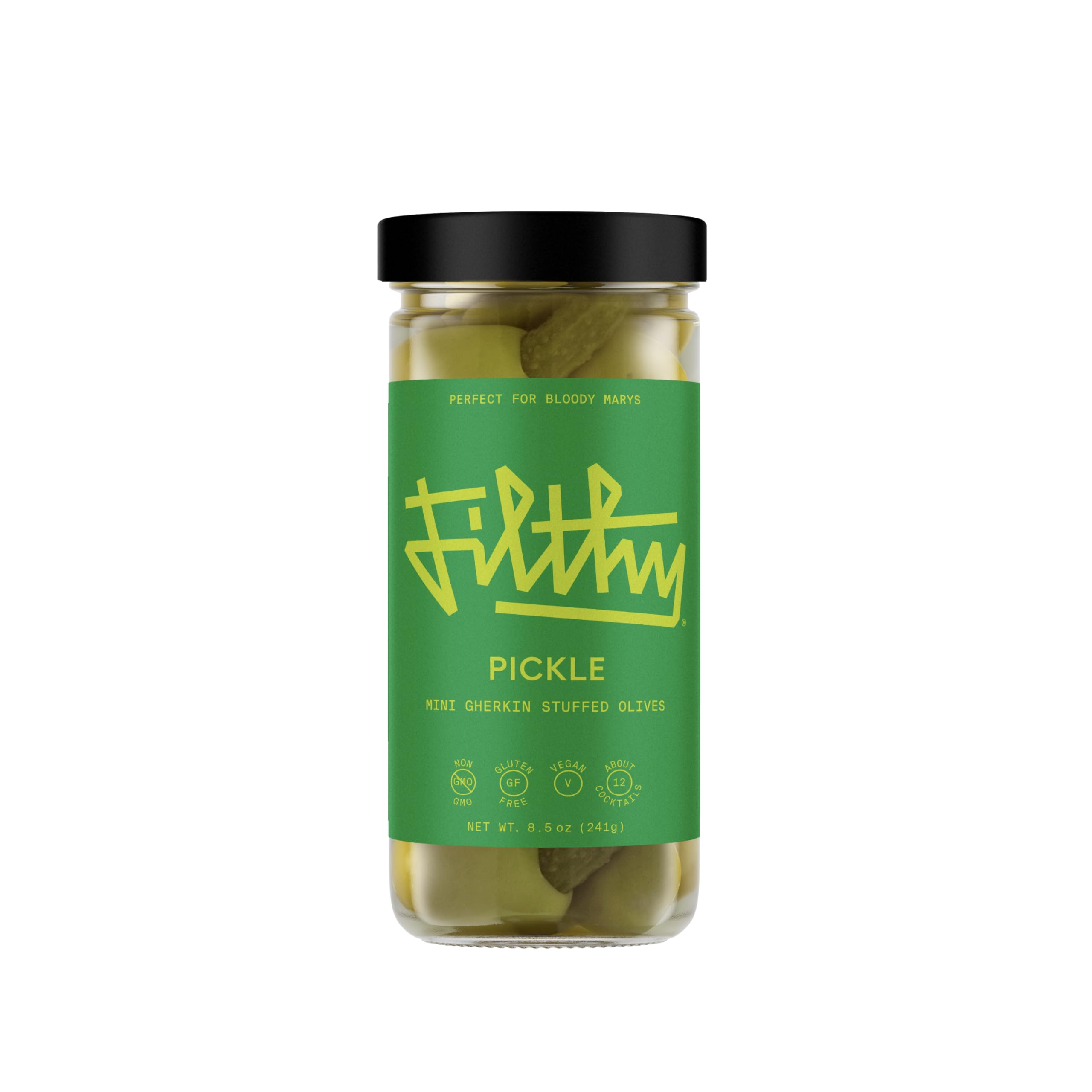 Filthy Food pickle-stuffed olives in a jar front view, premium cocktail garnish.