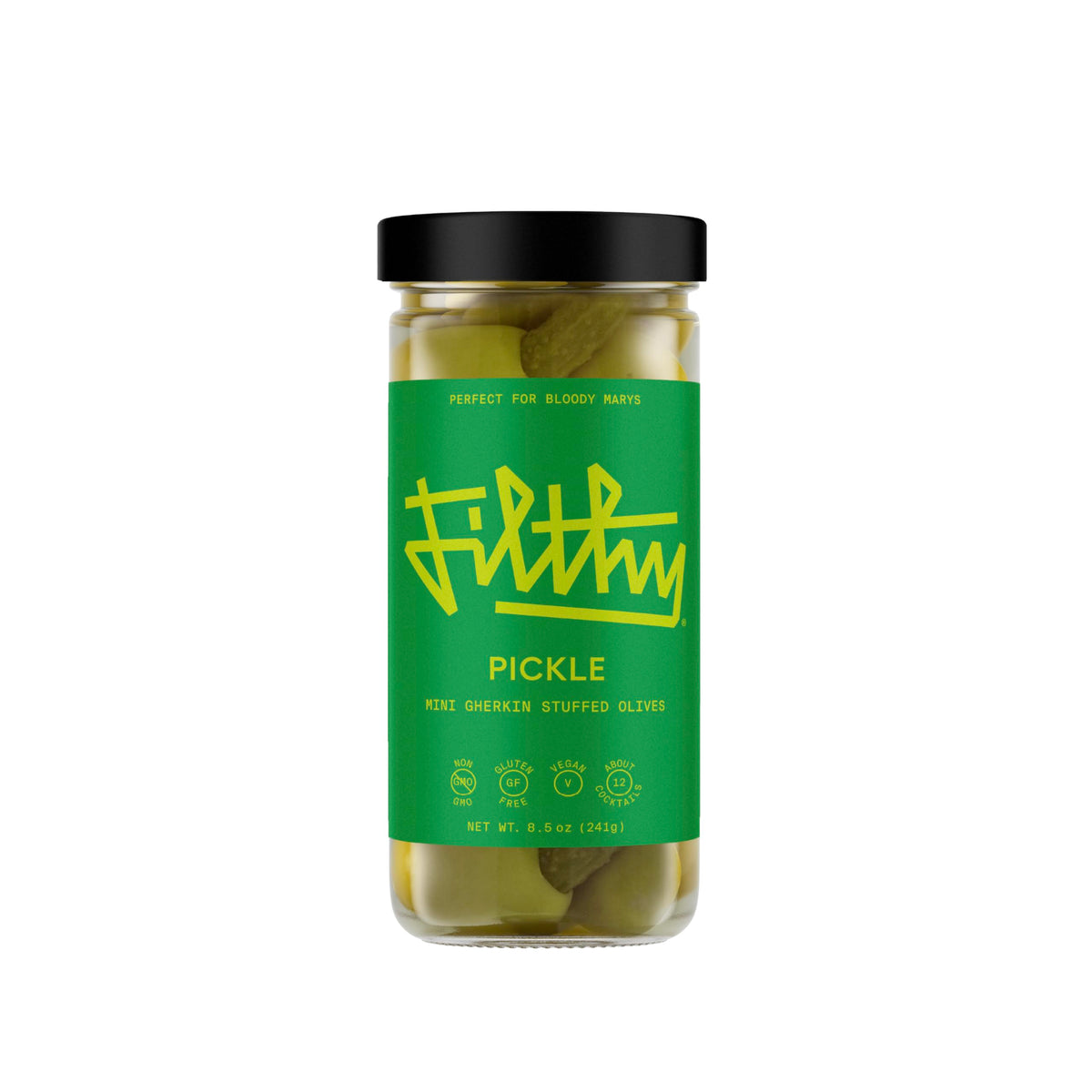 Filthy Food pickle-stuffed olives in a jar front view, premium cocktail garnish.
