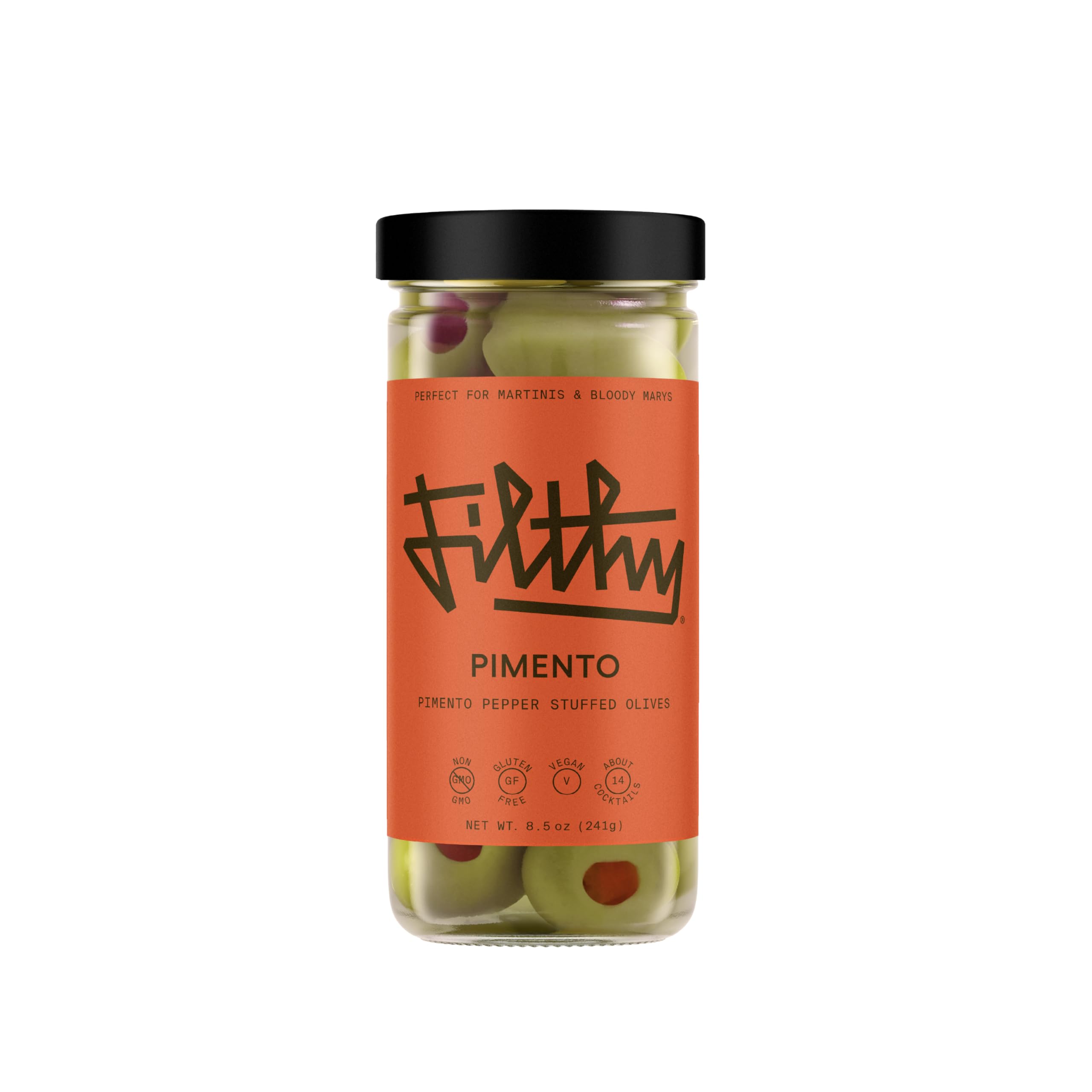 Filthy Food pimento stuffed olives in a jar front, ideal cocktail garnish