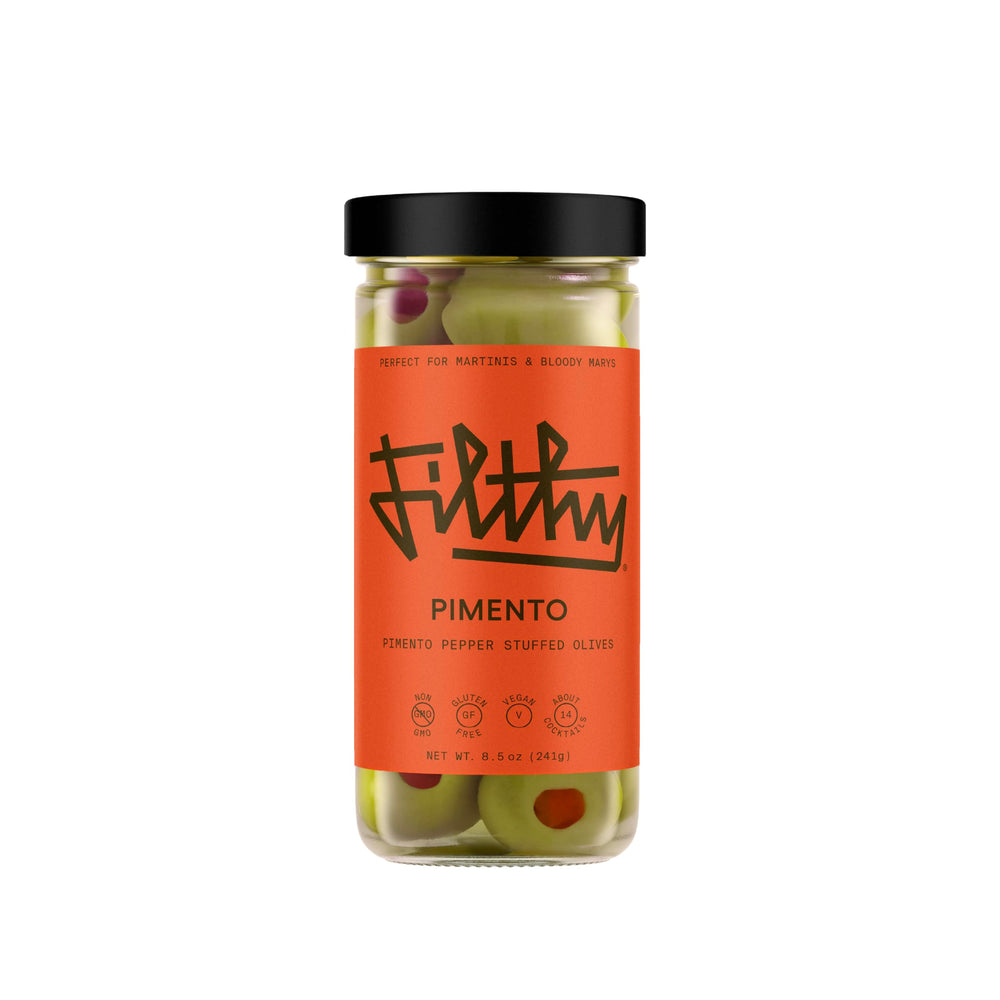 Filthy Food pimento stuffed olives in a jar front, ideal cocktail garnish