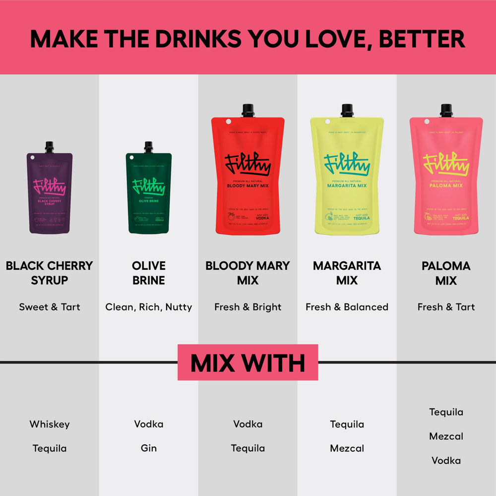 Filthy Paloma Mix portable pouch ideal for brunch or tailgates.