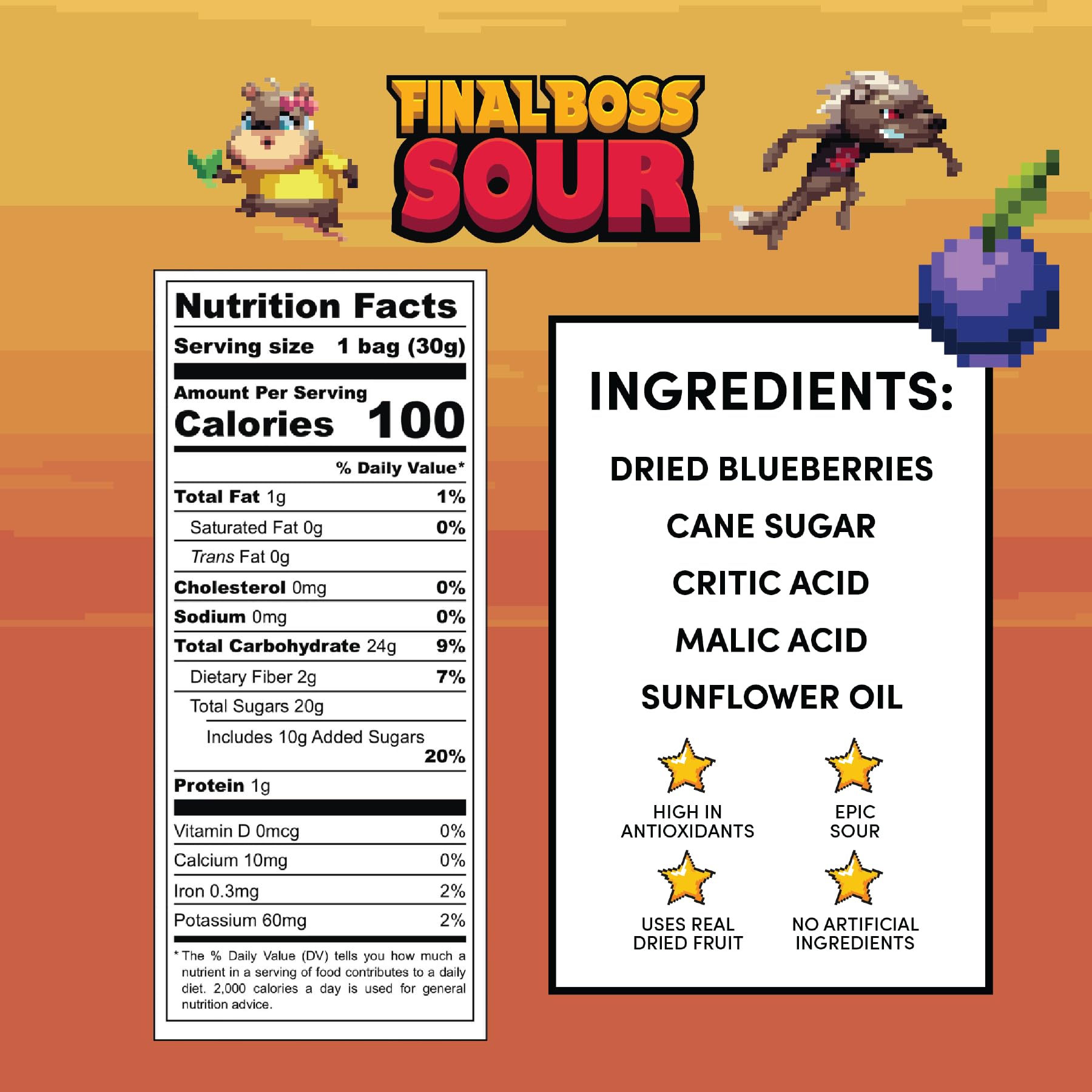 Closeup of Final Boss Sour Blueberries chews showing real fruit texture.