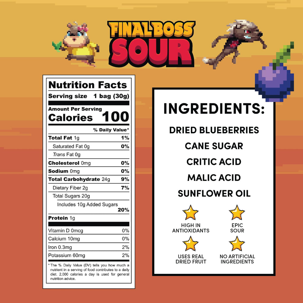Closeup of Final Boss Sour Blueberries chews showing real fruit texture.