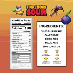 Closeup of Final Boss Sour Blueberries chews showing real fruit texture.