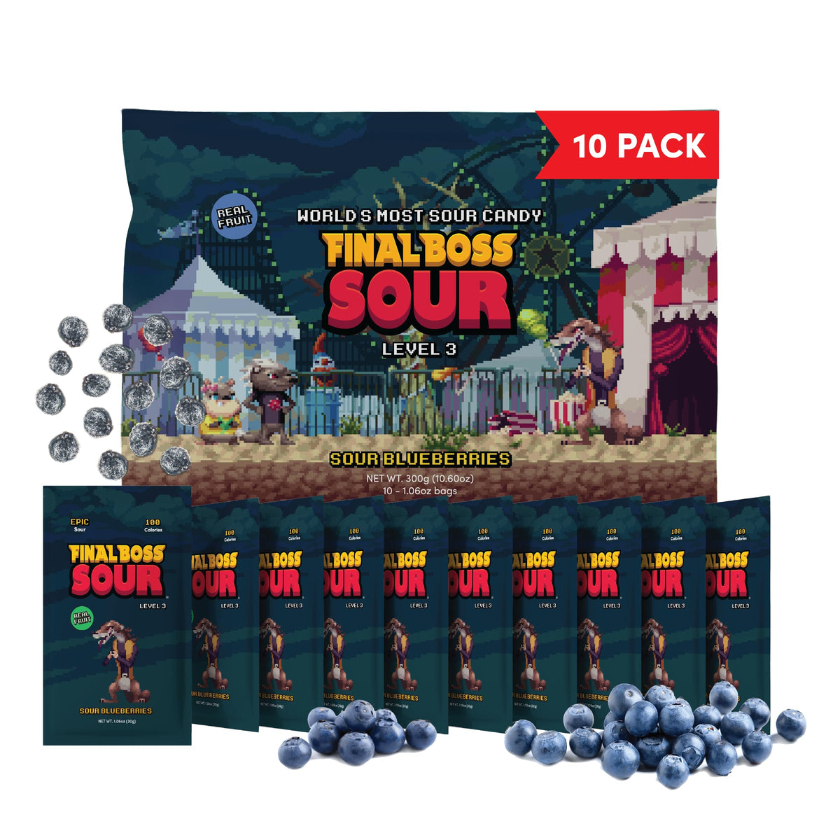 Final Boss Sour Blueberry Level 3 pack-front shows bold flavor and on-the-go convenience.