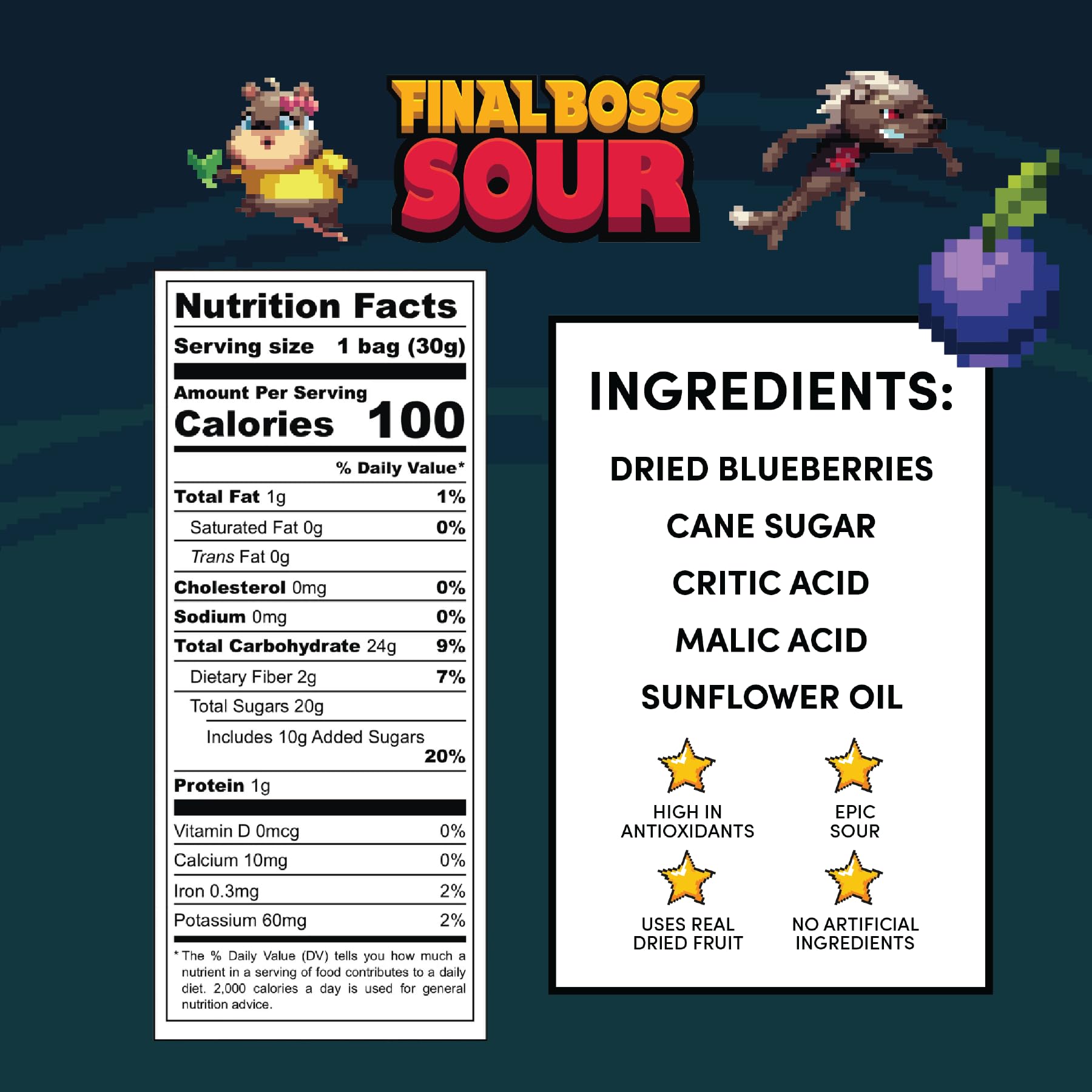 Final Boss Sour Blueberry Level 3 pouch-closeup highlights real fruit flavor.