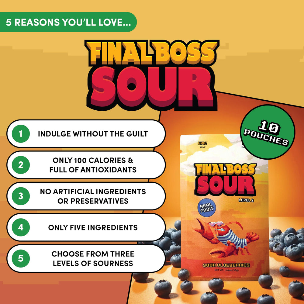 Visible real dried fruit in Final Boss Sour Blueberries chews.