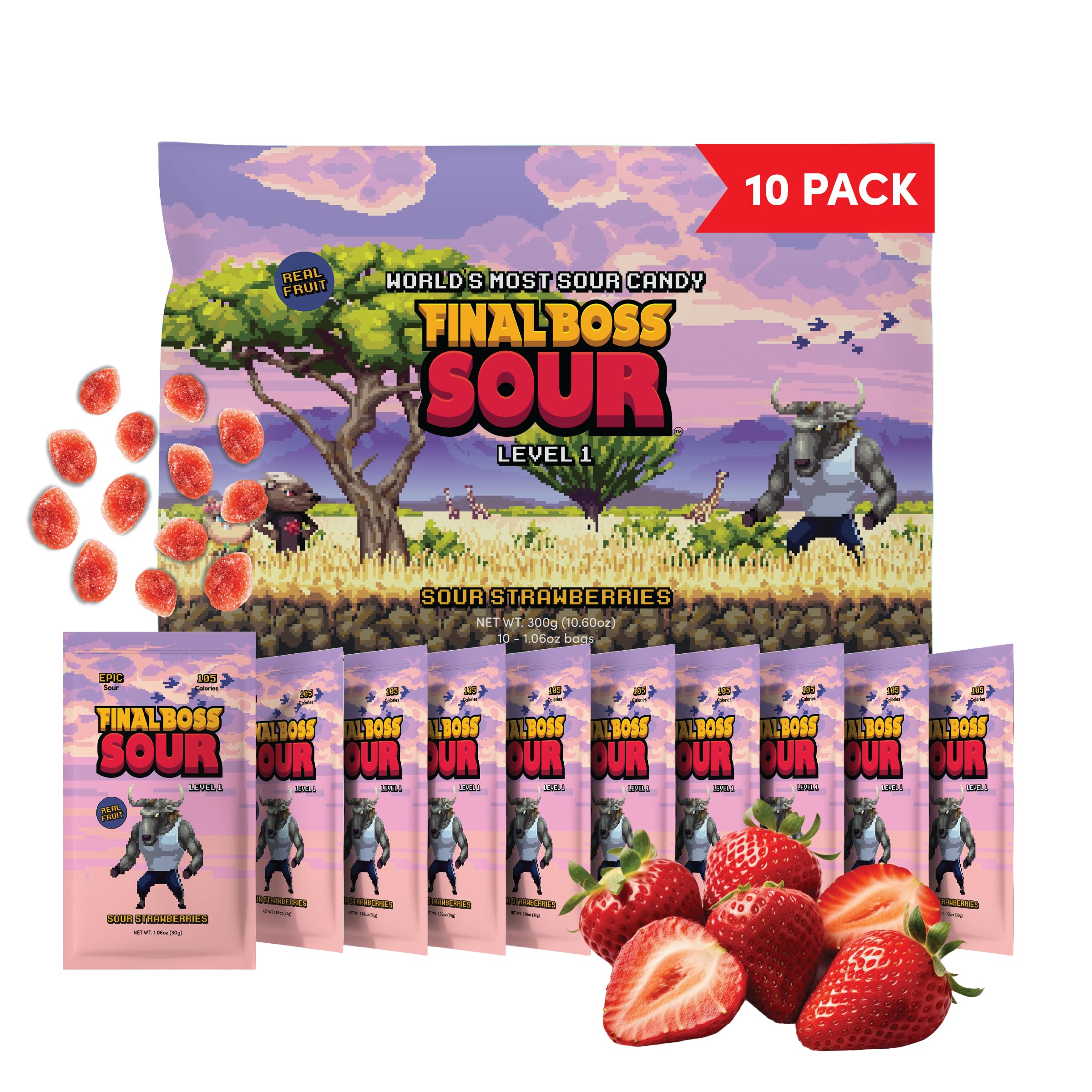 Final Boss Sour Strawberries 10-pack front view, ideal lunchbox snack option