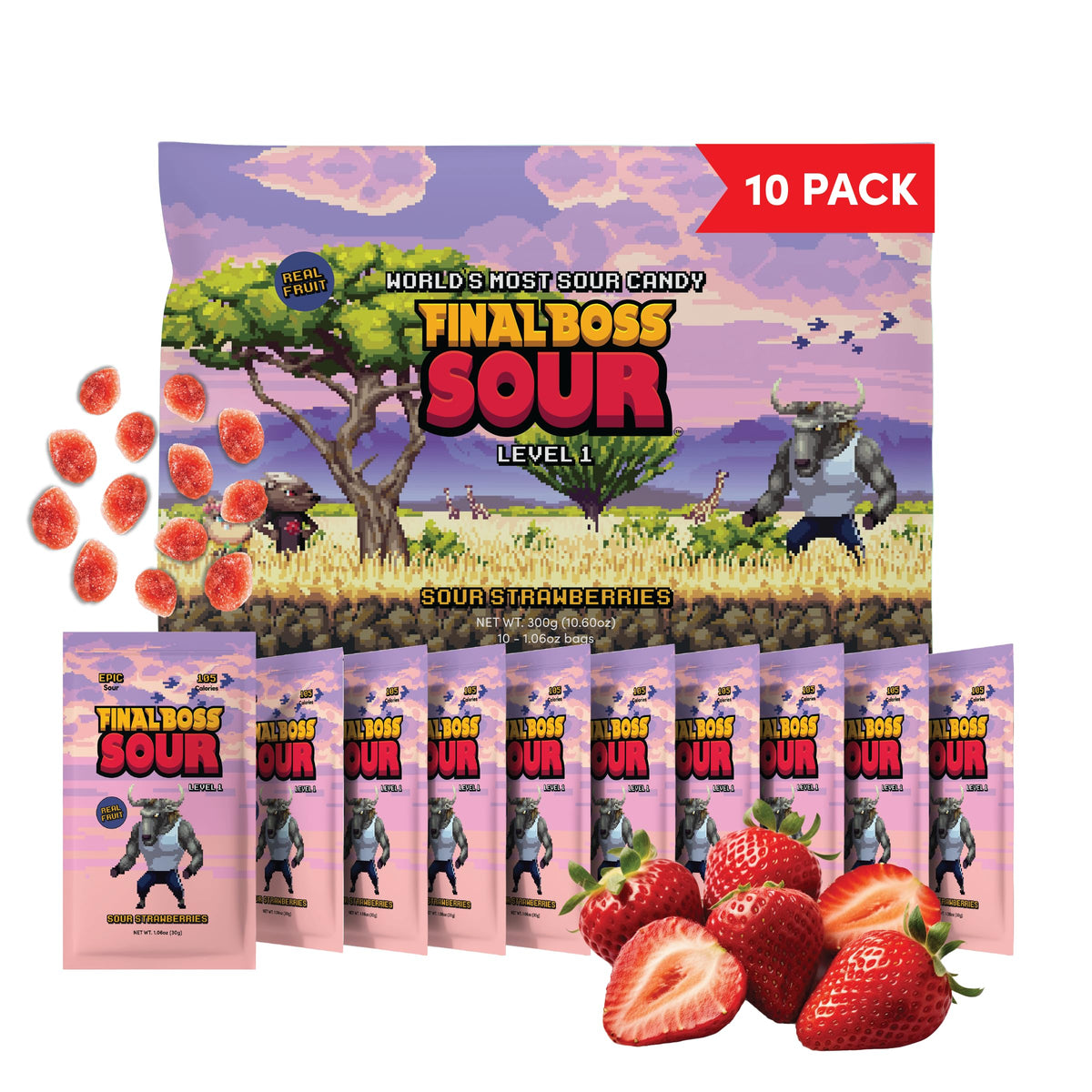 Final Boss Sour Strawberries 10-pack front view, ideal lunchbox snack option