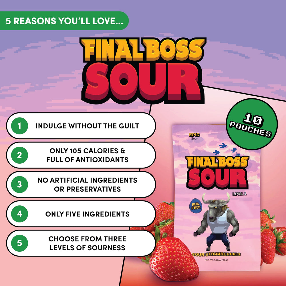 Final Boss Sour Strawberries hero shot, easy grab-and-go packaging
