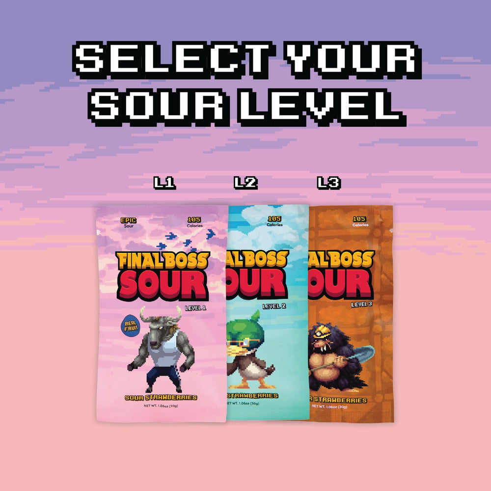 Final Boss Sour Strawberries open pack close-up showing real dried fruit bits